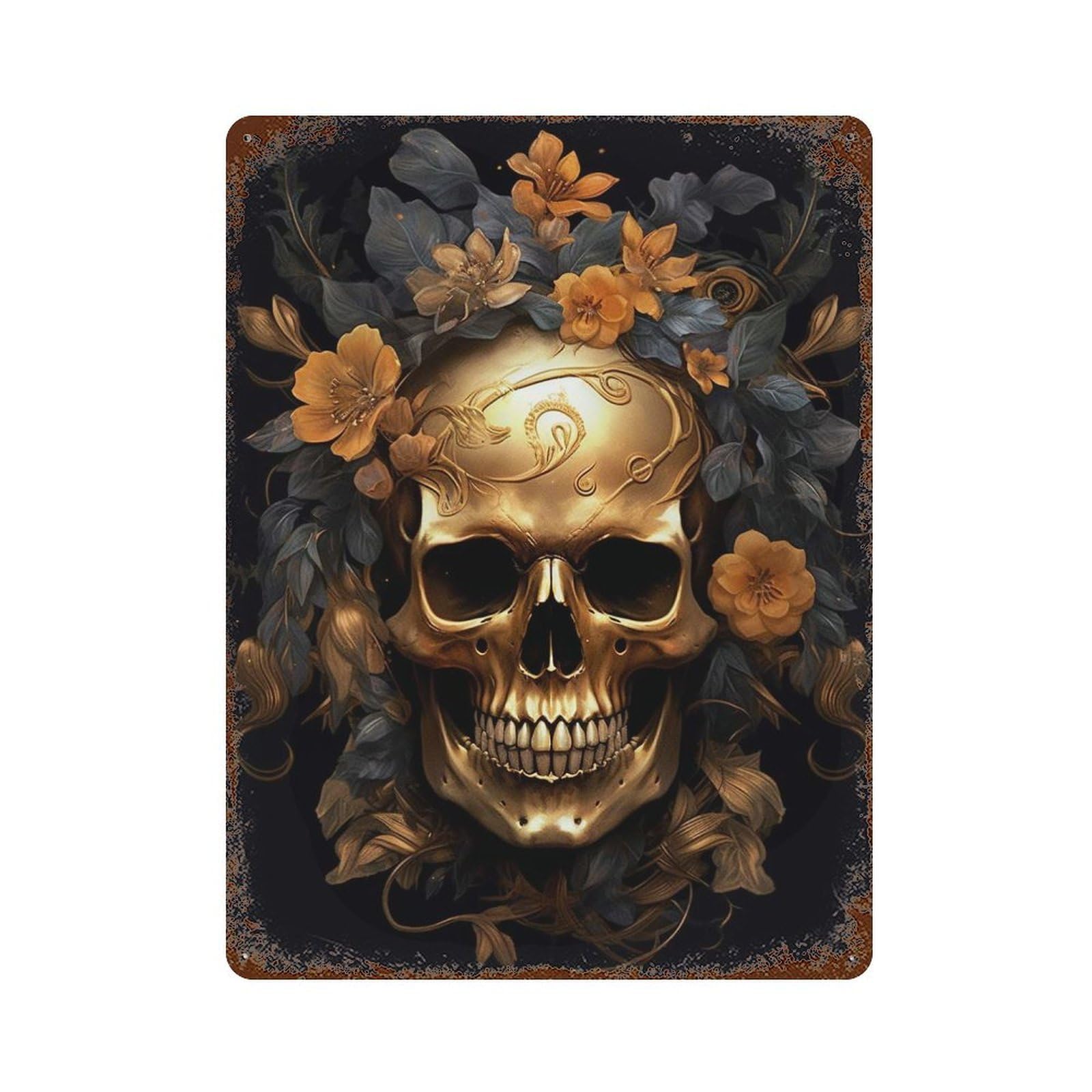 Golden Skull with Flowers Aged Metal Wall Plaque 15.7"x11.8", Industrial Home Decor for Pub, Kitchen And Man Cave Decor