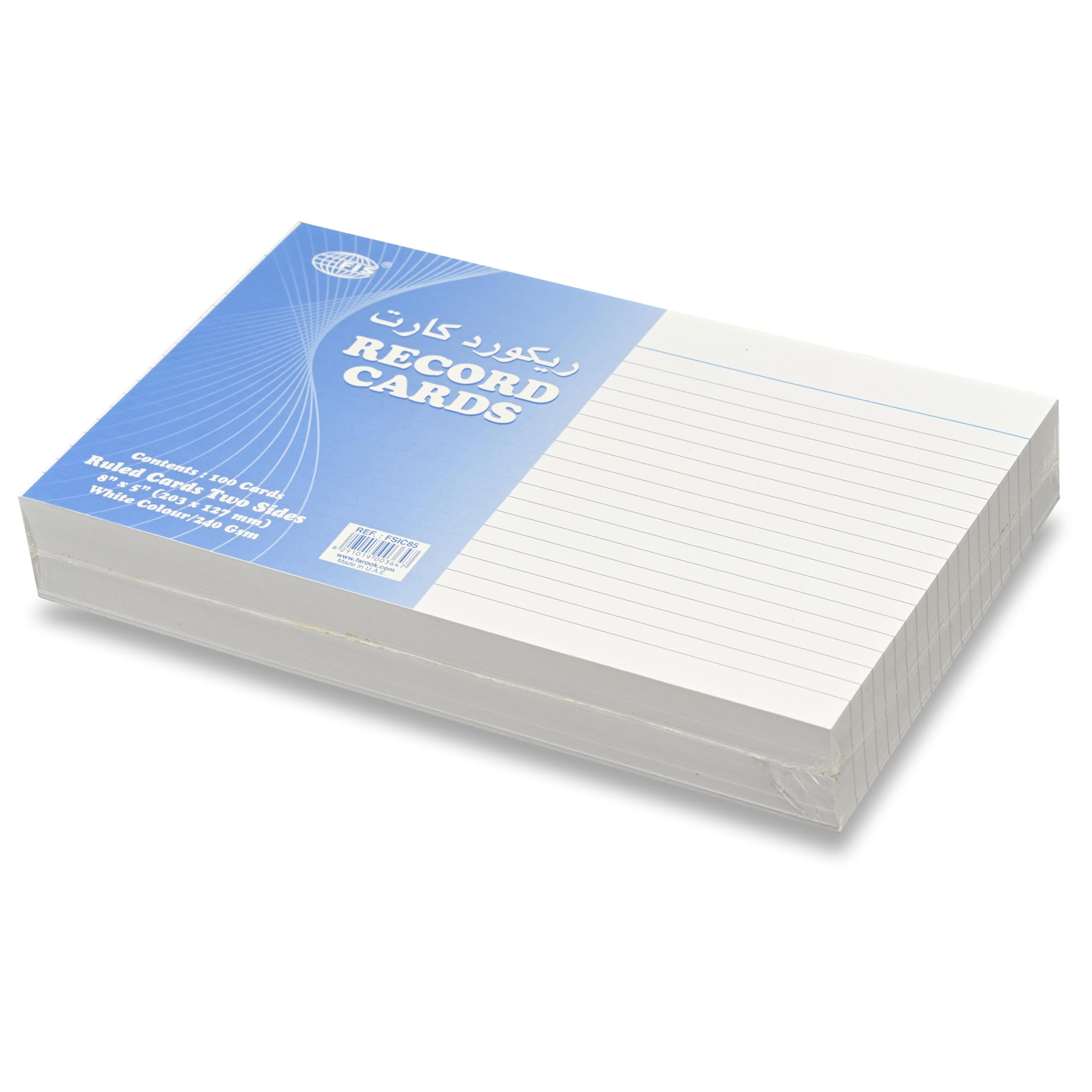 FIS® Ruled Record Cards or Index Cards, Size:8"x5" Inches (203x127mm), Two Sides Single Ruled, 240gsm, 100 Sheets Per Packet, 1 Packet, White Color-FSIC85