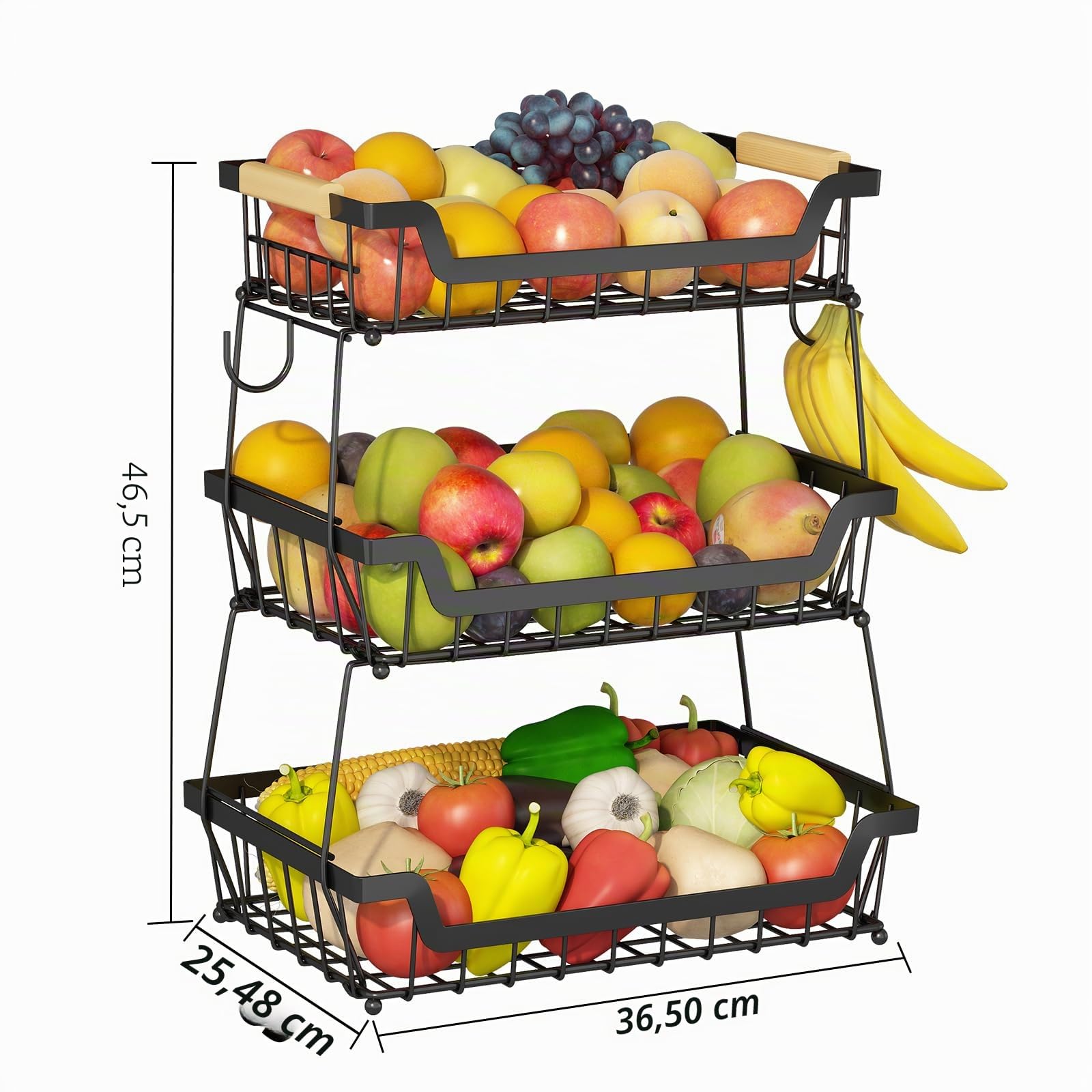 GILLAS Obstkorb mit 3 Etagen und 2 Bananenaufhängern für die Küche, abnehmbarer Metall-Organizer für Brot, Gemüse, Obst, mit Holzgriff, große Kapazität, rechteckiger Aufbewahrungsständer, Schüsseln,