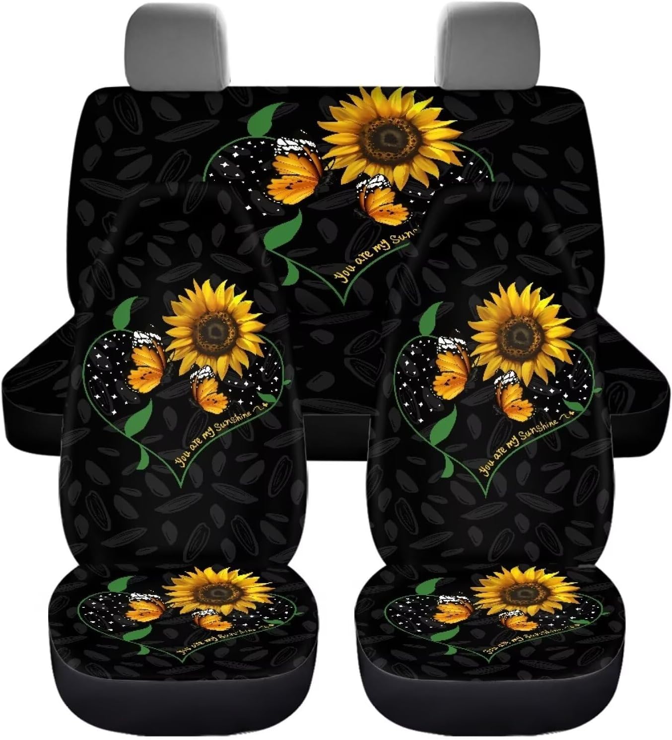 Butterfly Sunflower Print Full Set Car Seat Cover, Comfotable Breathable Split Front and Rear Bench Seat, Universal Auto Seat Cushion Protector for Van Sedan Truck SUV Vehicles, Easy to Install