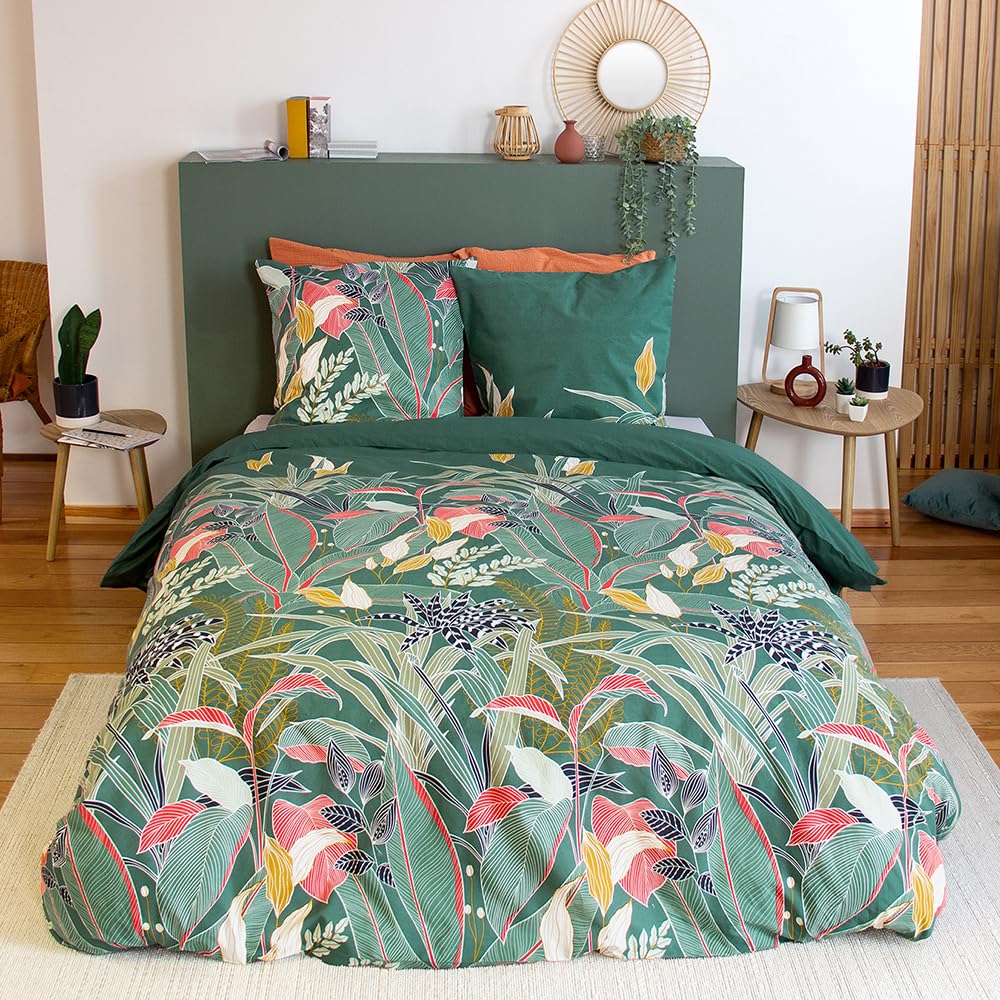Coste Deco - Set di biancheria da letto per adulti, 220 x 240 cm, in cotone, motivo tropicale, colore: verde