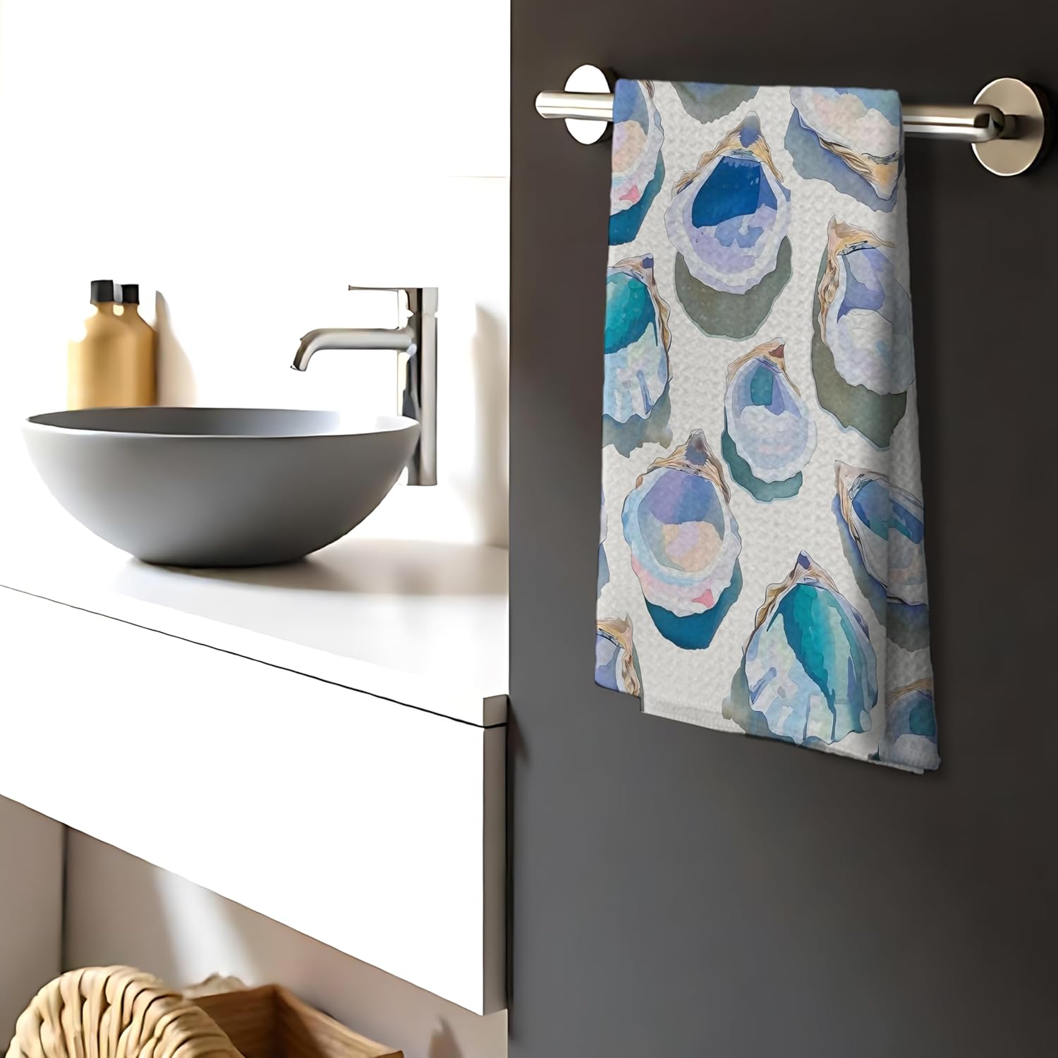 Light Blue Coastal Oyster Shell and Martini Kitchen Towels,Watercolor Seafood Cocktail Hand Towels for Kitchen Bar Seaside Restaurant, Beach Lover Gifts Hand Towels, 16x24 Inch