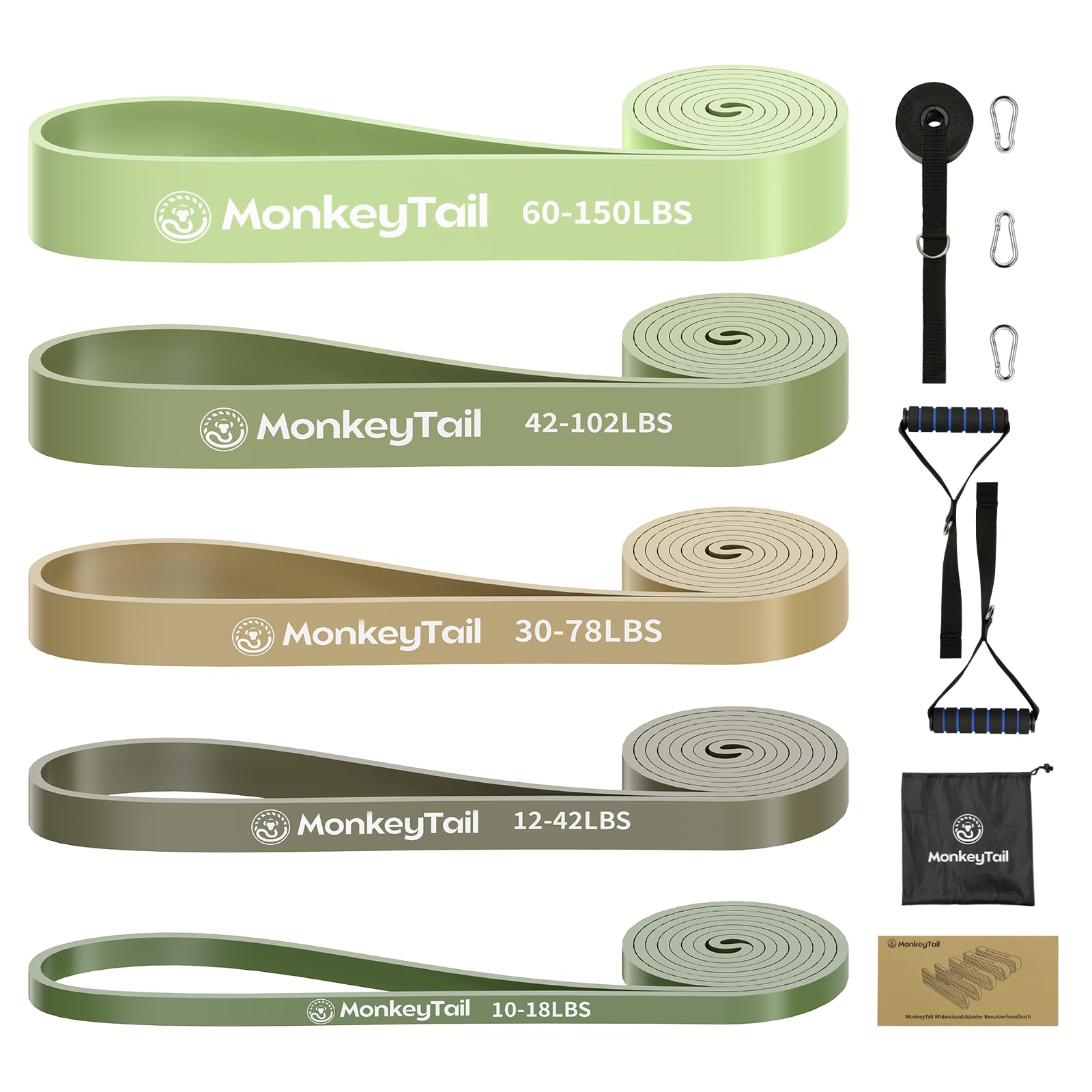 MonkeyTail Zestaw taśm oporowych, 5 stopni (różne intensywności), do treningu domowego/jogi/treningu siłowego/podciągania, w zestawie ulepszona kotwa drzwiowa + uchwyty, przenośna torba, uniseks