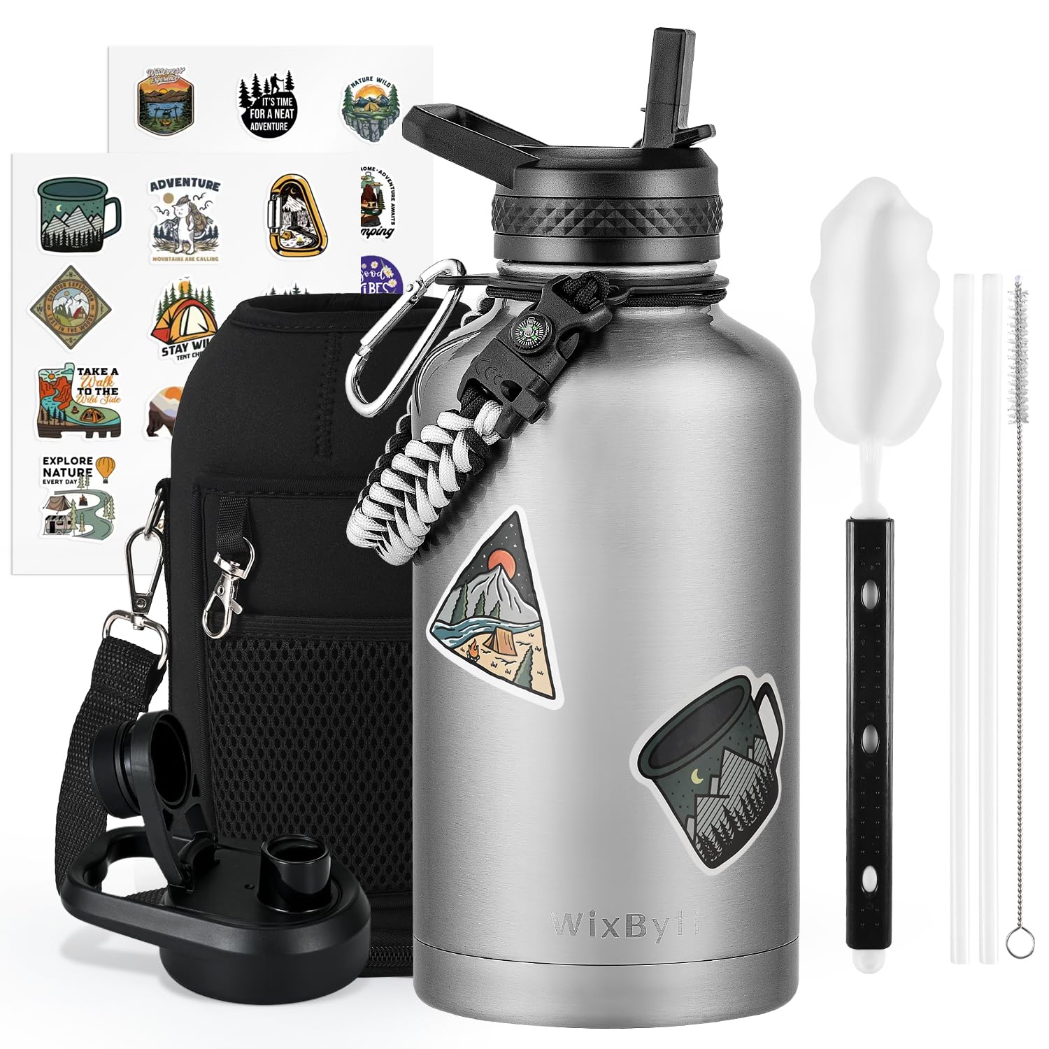 64 oz Insulated Water Bottle with Straw Cold for 48 Hrs Half Gallon Stainless Steel Triple Wall Vacuum