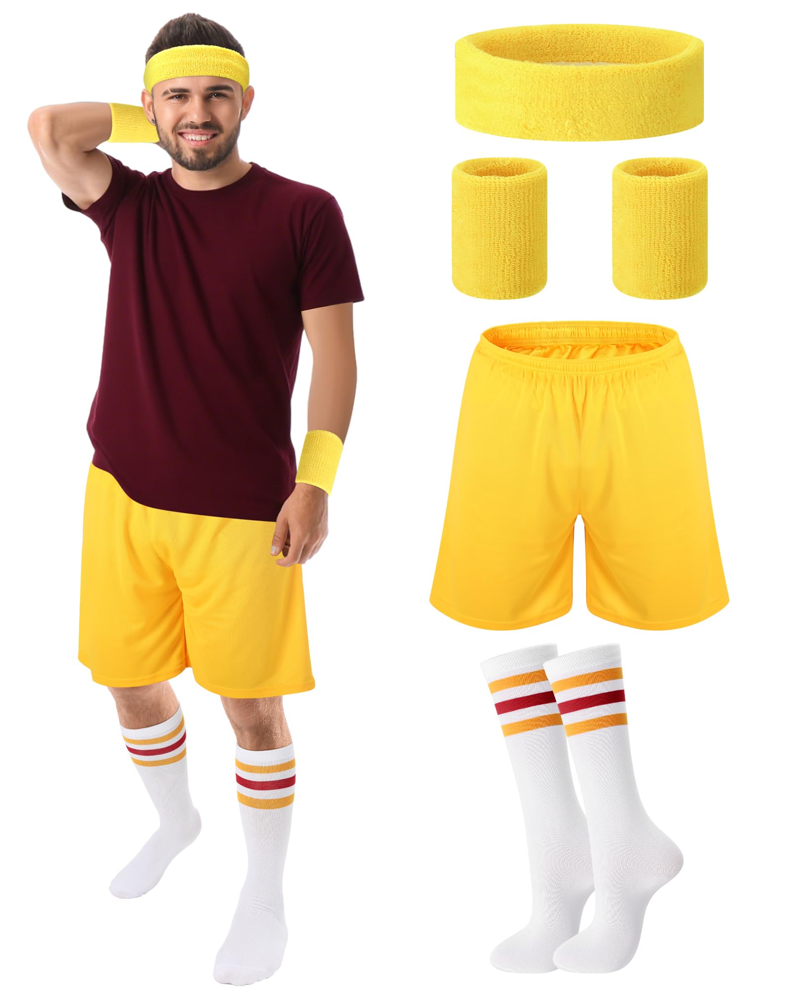 Mepase 5 Pcs Halloween Mens Sport Costume Adult Yellow Shorts White with Various Colored Stripes Knee High Socks