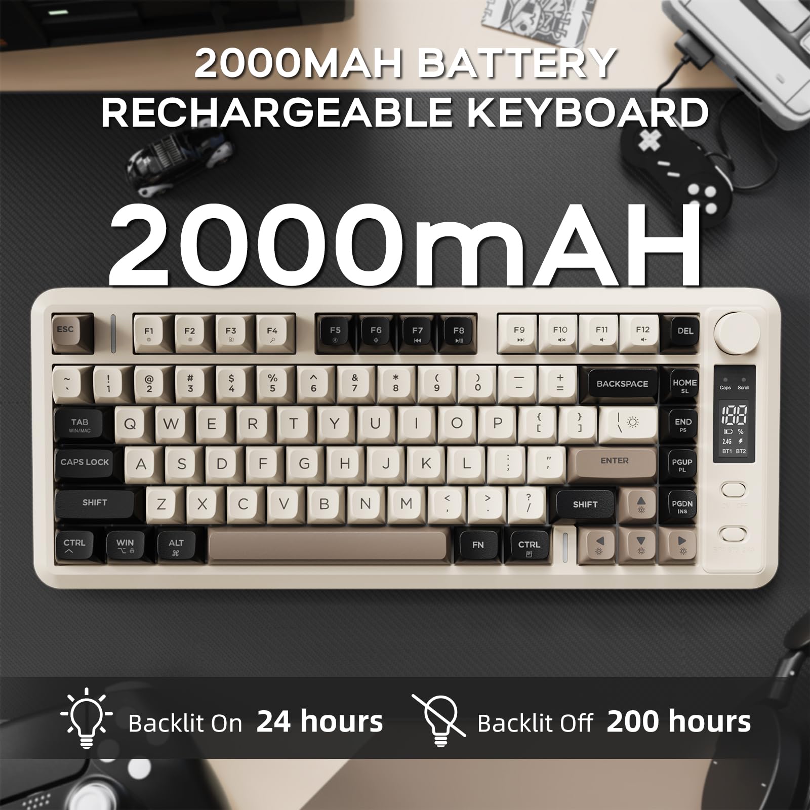 ZIYOU LANG M75 82-Klawiszowa Bezprzewodowa Klawiatura Membranowa,Inteligentny Wyświetlacz i Pokrętło,Tryb Podwójny BT/2,4 GHz,Nakładki na Klawisze PBT,Podświetlenie Tęczowe (Serowy)