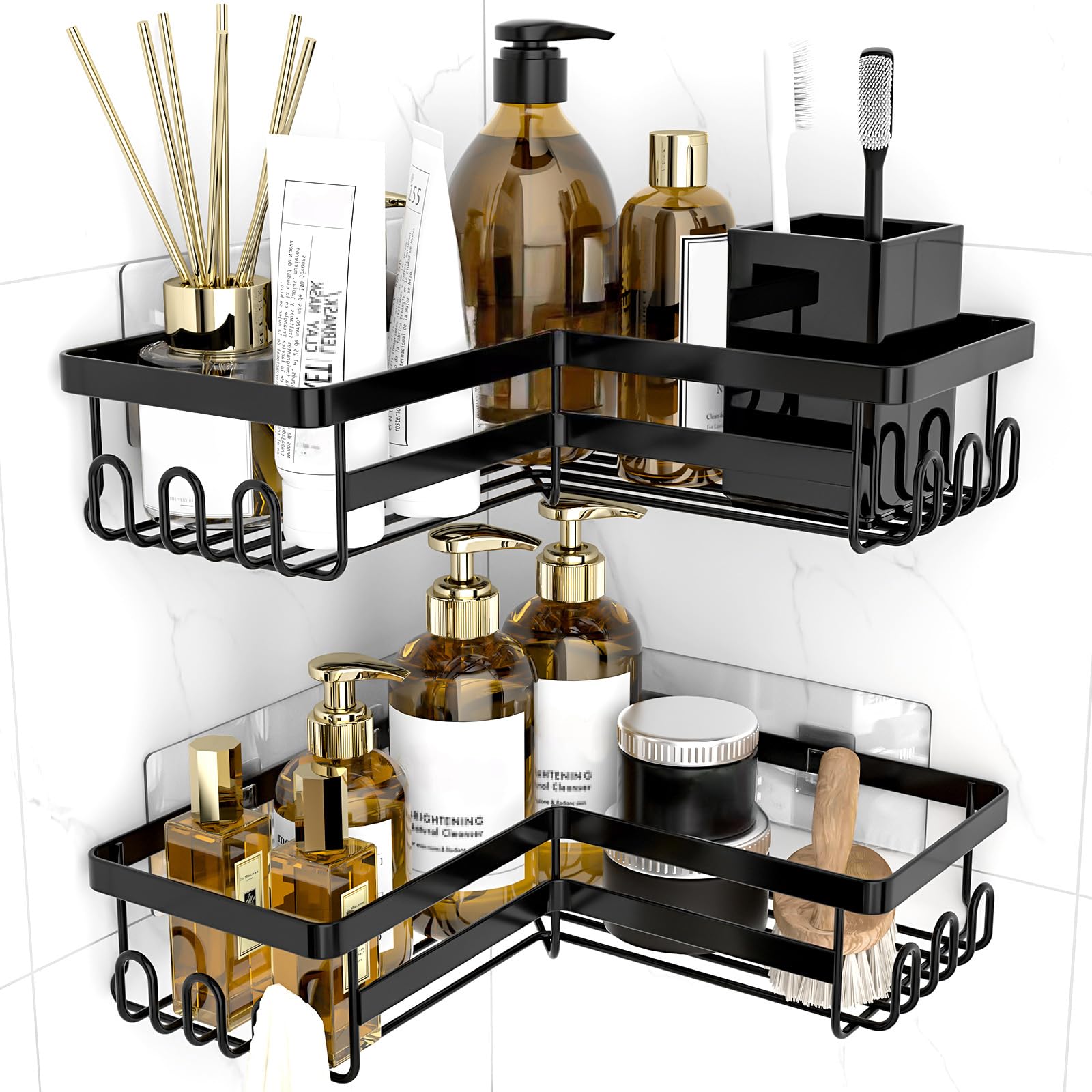 WOWBOX Corner Shower Caddy Shelf Organizer 2 Pack Adhesive Black Bathroom Accessories Save Space with Hooks Toiletries Organization
