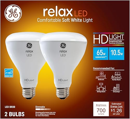 GE Relax - Focos LED para interiores, luz HD, 10.5 W (equivalente a 65 vatios), blanco suave, base media, regulable (paquete de 2)