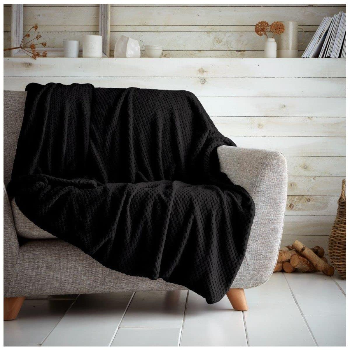 GC GAVENO CAVAILIA Premium Waffle Fleece Teddy Throw Blanket, Soft Warm Sofa Bed Pop Corn Blankets, 200X240, Black