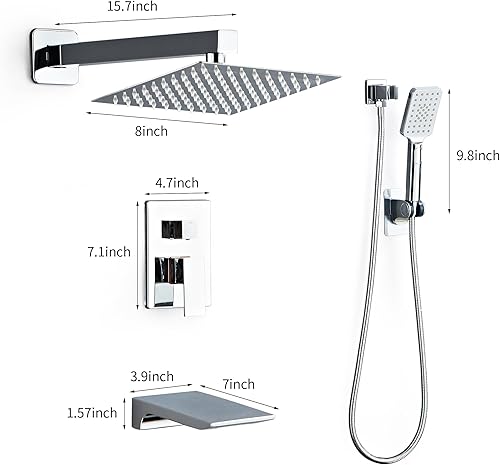 Miniatura 7 de Juego completo de grifo de ducha cromado con cabezal de ducha cuadrado de 8 pulgadas, 3 funciones, ducha de mano, cascada, boquilla de ducha,