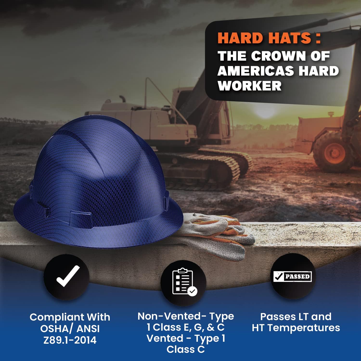 ACERPAL Full Brim Hard Hat, OSHA Construction Work Safety Helmet, 6 Point Adjustable Ratchet Suspension, Carbon Fiber Beguiled Blue Design