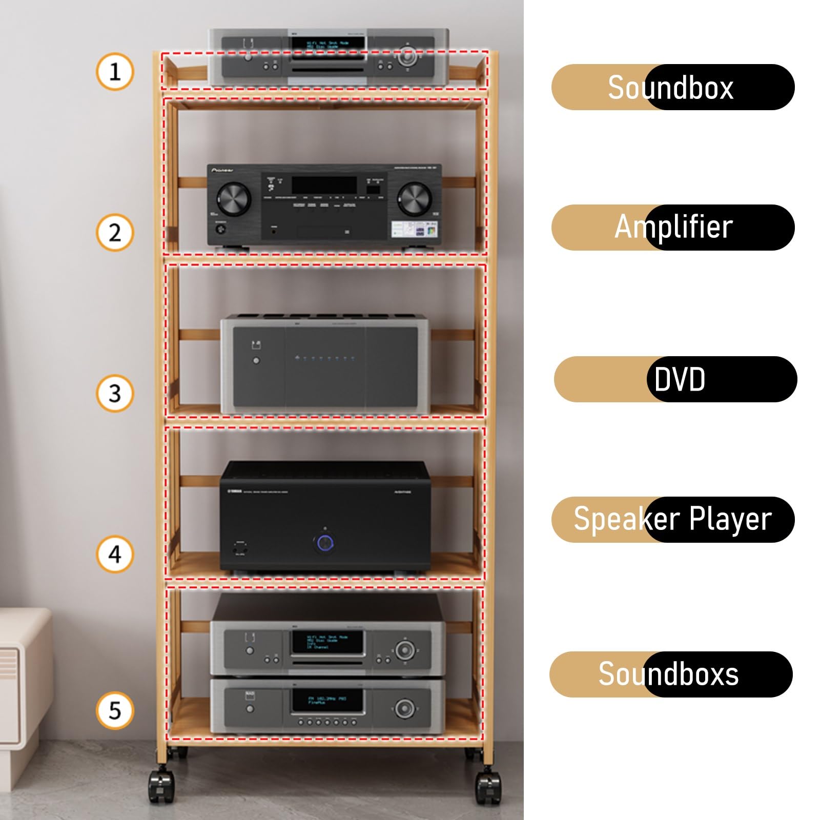 Générique Étagère Audio HiFi réglable – Étagère multimédia roulante à 2/3/4/5 Niveaux, Support stéréo Haut de Gamme pour Home cinéma, Tour de Composants, idéale pour Le Rangement de matériel Audio