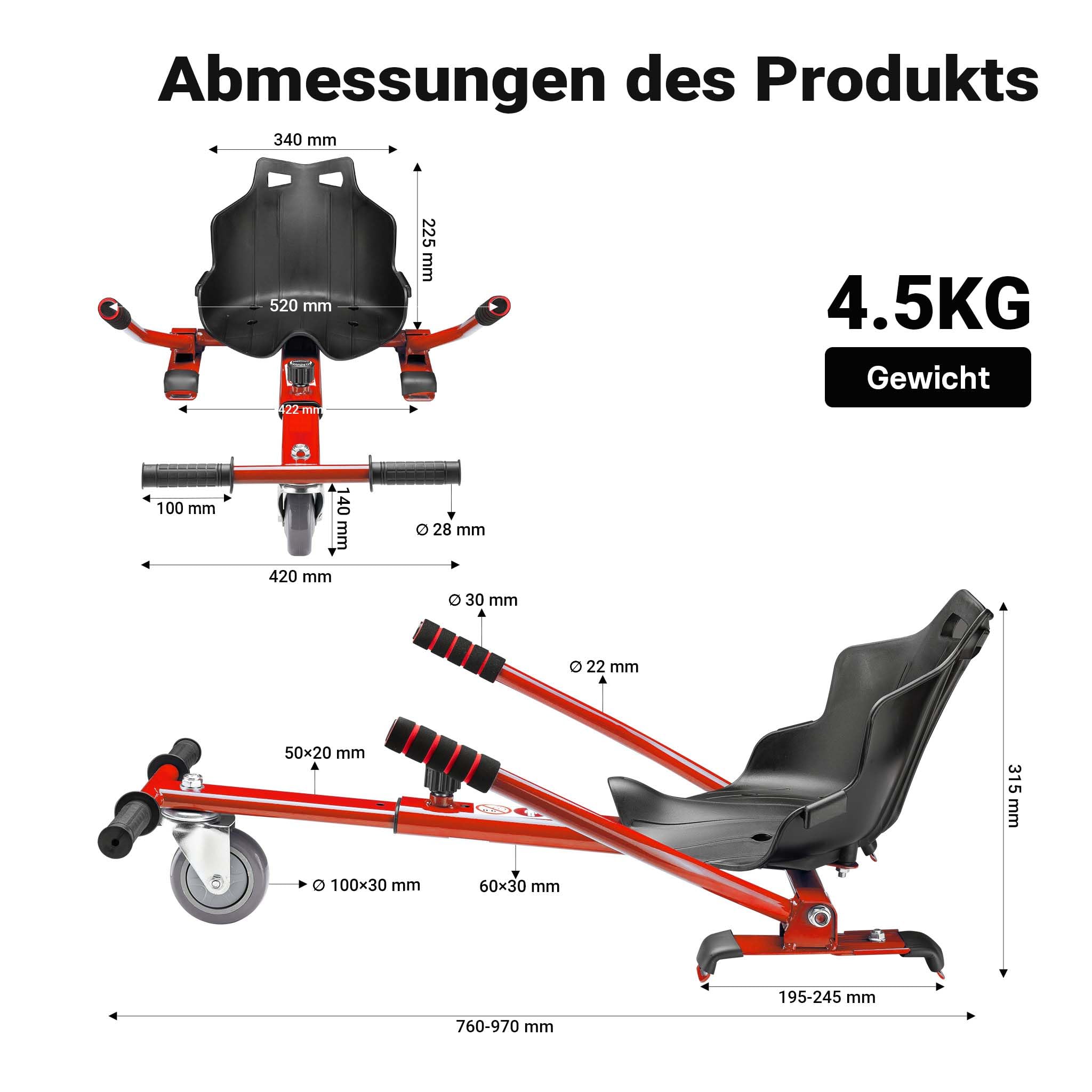 Wiltec Sedile per hoverboard max 120 kg rosso, regolabile, per scooter elettrico autobilanciato