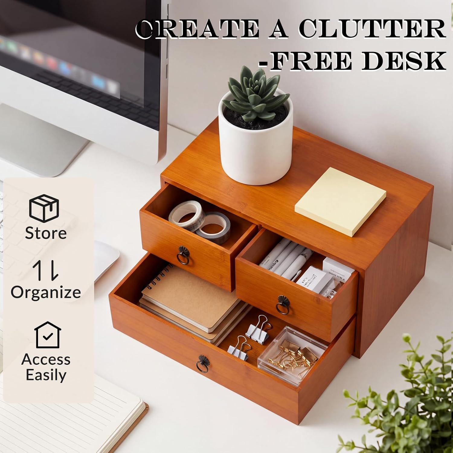 Novabright Bamboo Desk Drawer Organizer 2-tier 3 Drawers Storage Caddy image 5