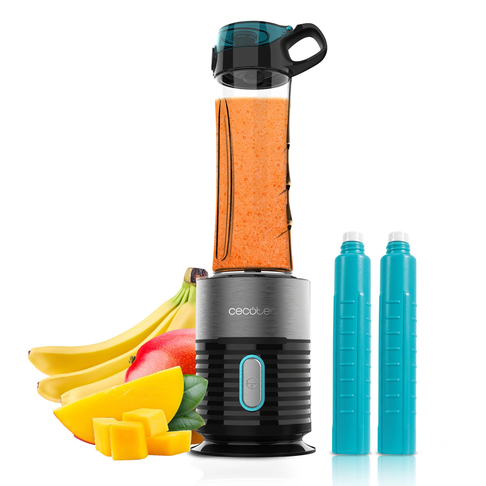 Cecotec Pojedynczy blender stołowy Power Titanium Fresh&Go. 650 W, 4-listkowe ostrze z czarnym tytanem, w zestawie 2 rurki chłodzące i 2 wytrzymałe kubki o pojemności 600 ml