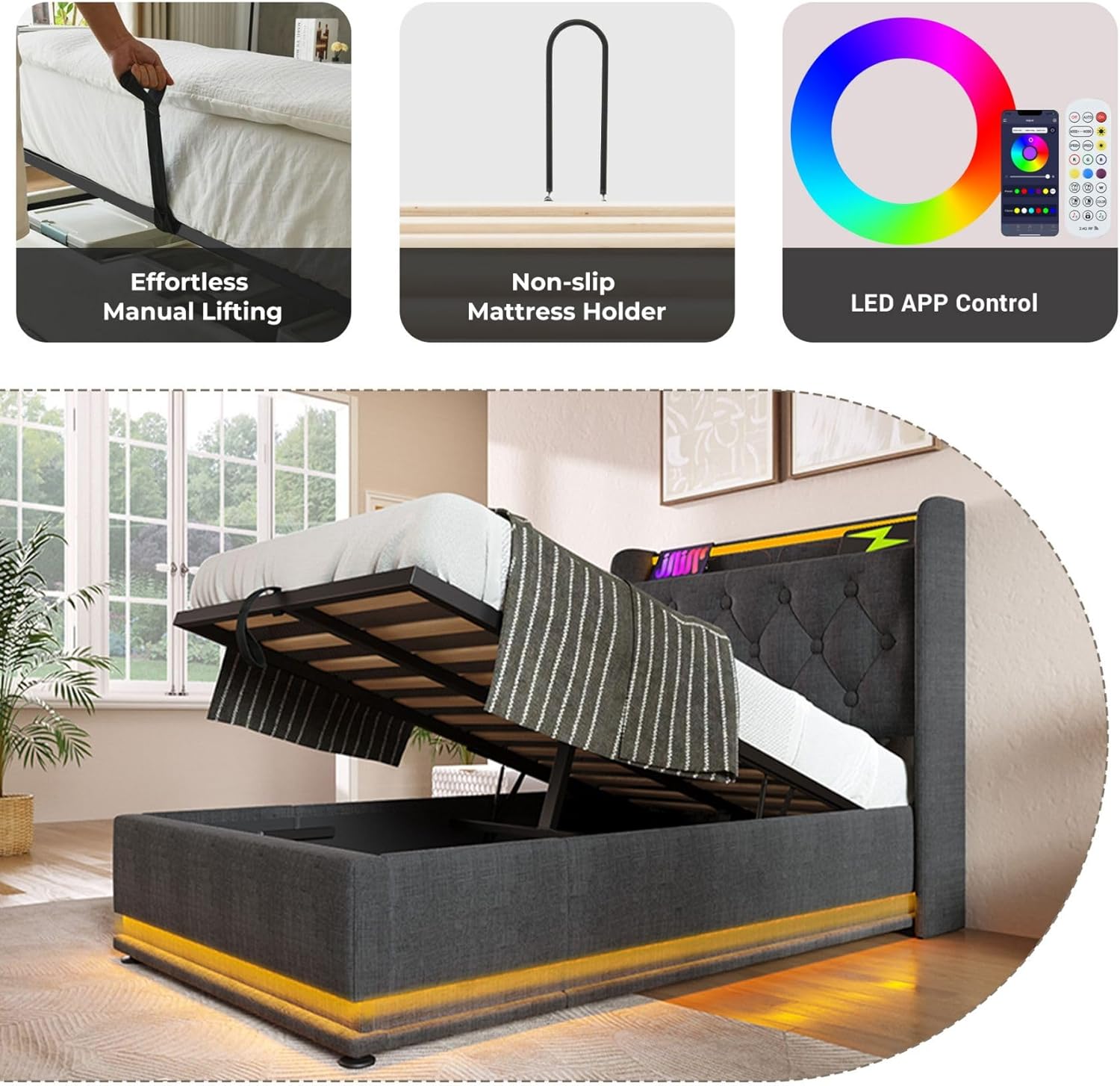 Merax Twin Size Lift Up Storage Bed Frame with 360 Surround LED Lights, Buttons, Apps or Remote Control, USB Type-C Charging, Upholstered Headboard Linen Platform, Grey