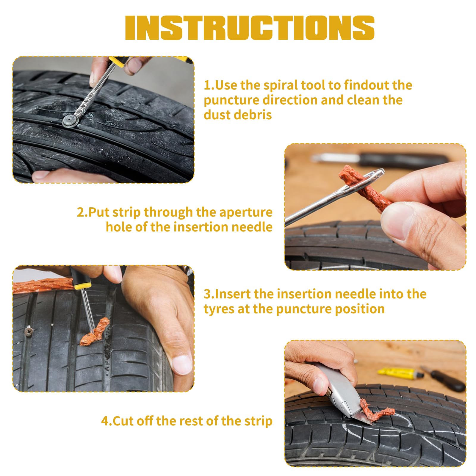 Set di riparazione pneumatici auto, tubeless con 30 strisce di riparazione per pneumatici, 20 strisce marroni e 10 nere e 2 strumenti con impugnatura a T per auto, moto e bicicletta
