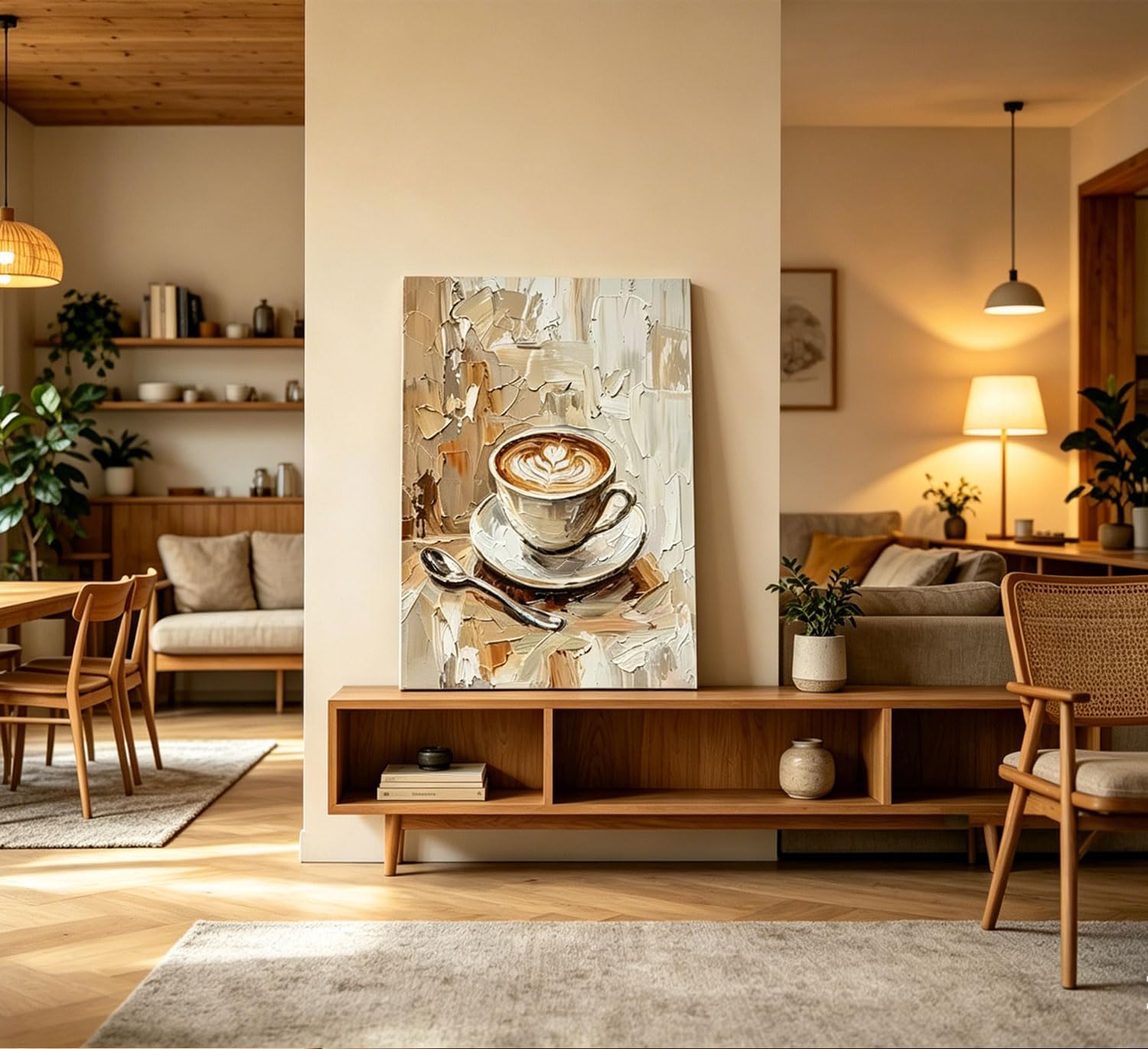 Coffee Cup Canvas Wall Art, Neutral Latte Art Painting Print, Kitchen Coffee Bar Wall Decor, for Living Room Bedroom Dining, 24" L x 16" W Framed