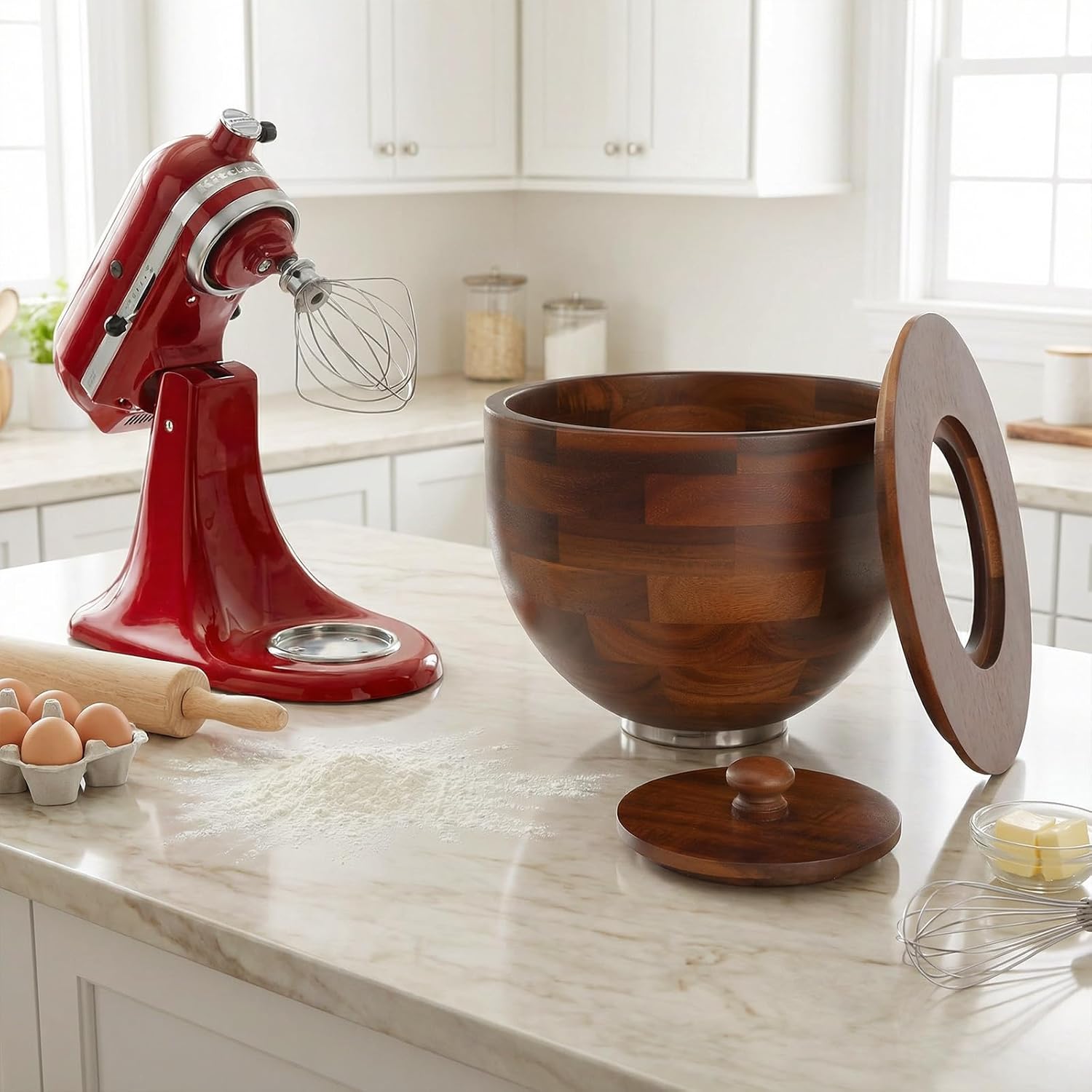 Wood Mixing Bowl Compatible with 4.5-5 Qt Tilt-Head Stand Mixers with Lid Cover - Natural True Acacia Wooden Bowls, 5 Qt Kitchen Aid Bowls for Mixer with Stainless Steel Locking Base.