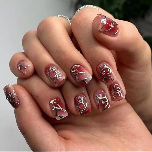Uñas postizas a presión con degradado rojo, uñas postizas cortas de forma cuadrada, uñas postizas de llama con diseño de diamantes de imitación, disponible en Yaxa Venezuela