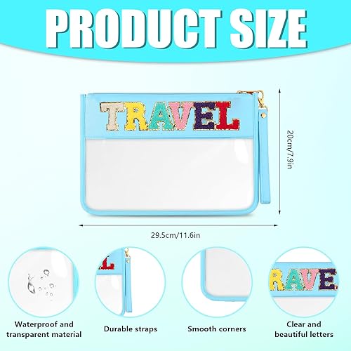 Vista 16 de HANAMO Bolsa transparente con letras de chenilla, bolsa de nailon para cosméticos con cremallera, bolsas de maquillaje transparentes, bolsas