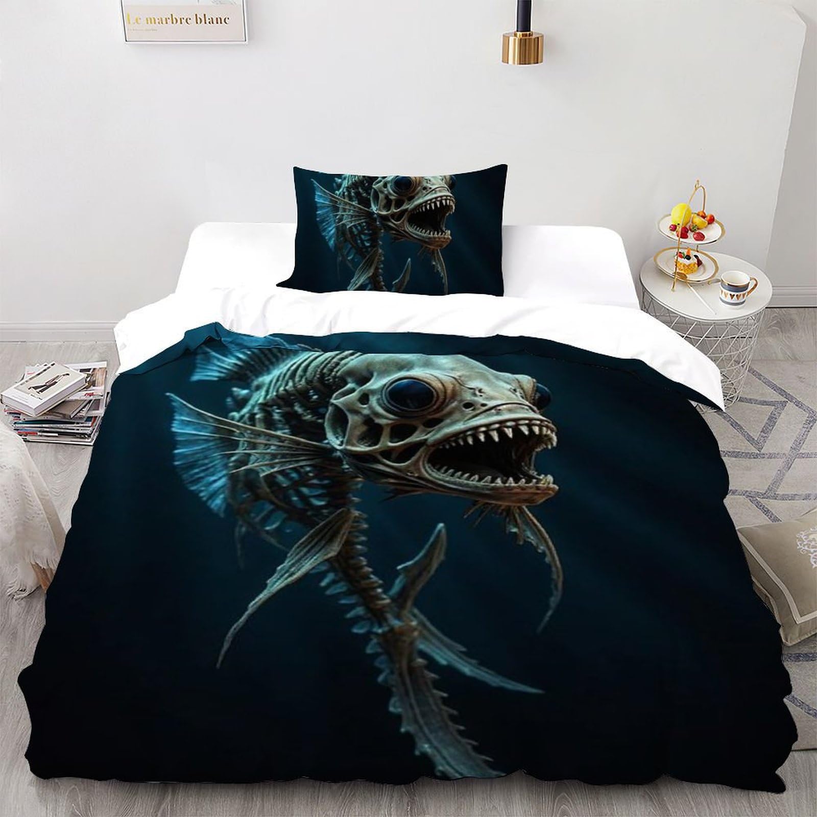 Housse de couette poisson squelette microfibre imprimé 3D pour lit enfant