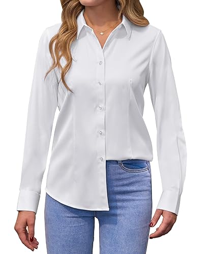 siliteelon Women's Shirt Non Iron Long Sleeve Stretch Executive Shirt Regular Fit Women Blouse - XS - White