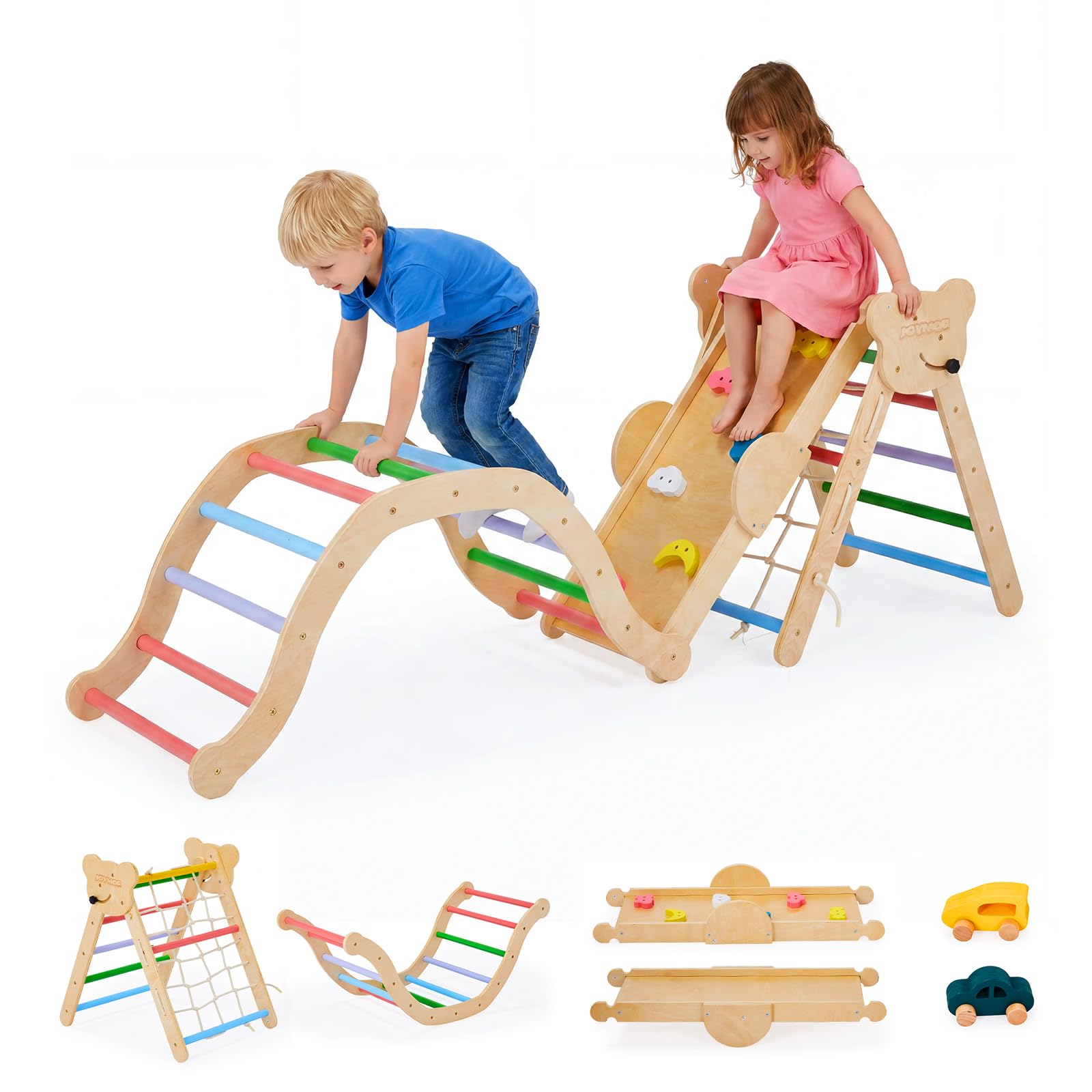 Bonnlo 9 in 1 Set da Arrampiacata per Bambini in Legno Massello, con Arco Montessoriano per Bambini, Scala a Triangola e Scivolo, Palestra Montessoriana per Bambini, Portata Massima 60 kg