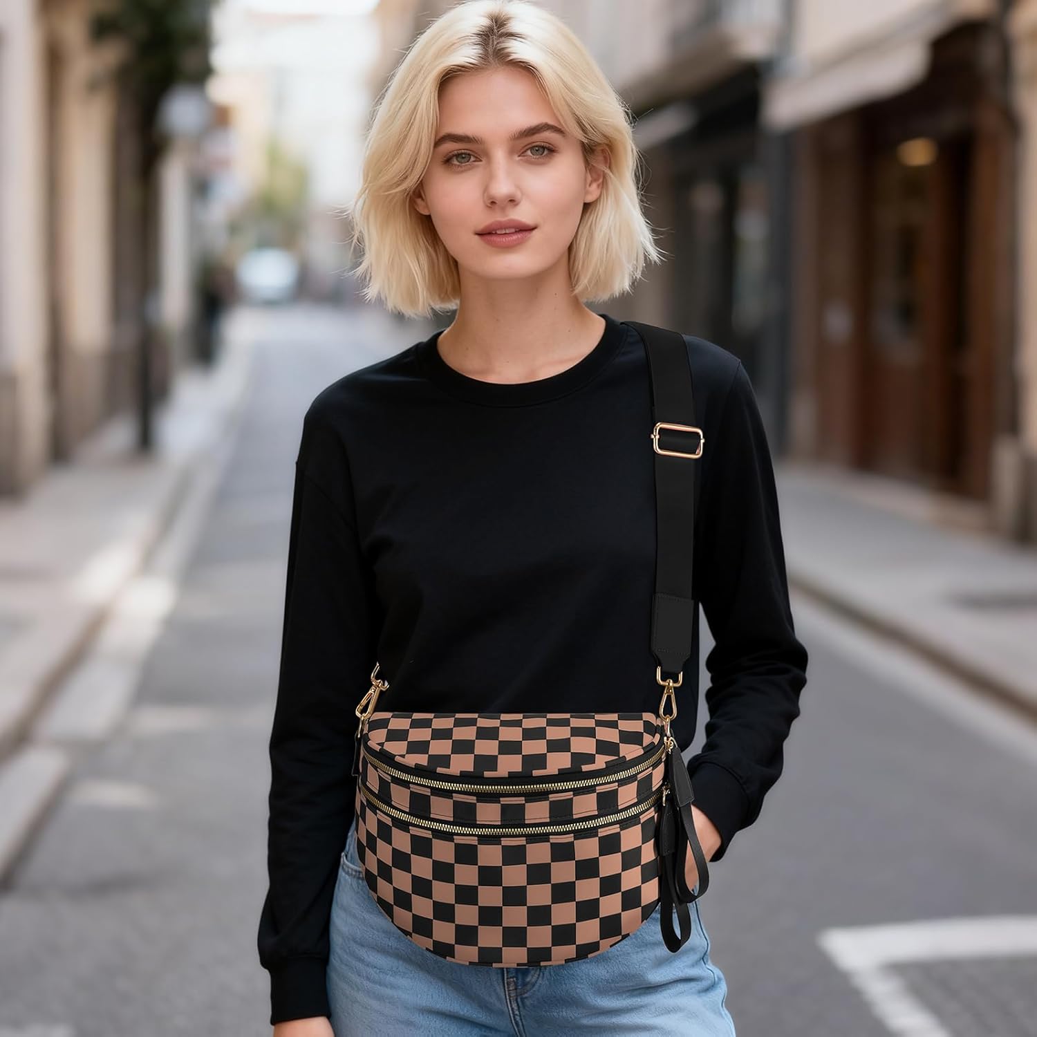 Checkered Nylon Crossbody Bag Bum Bag for Women Mom Spacious Checkered Crossbody Purses Shoulder Handbag - Image 7