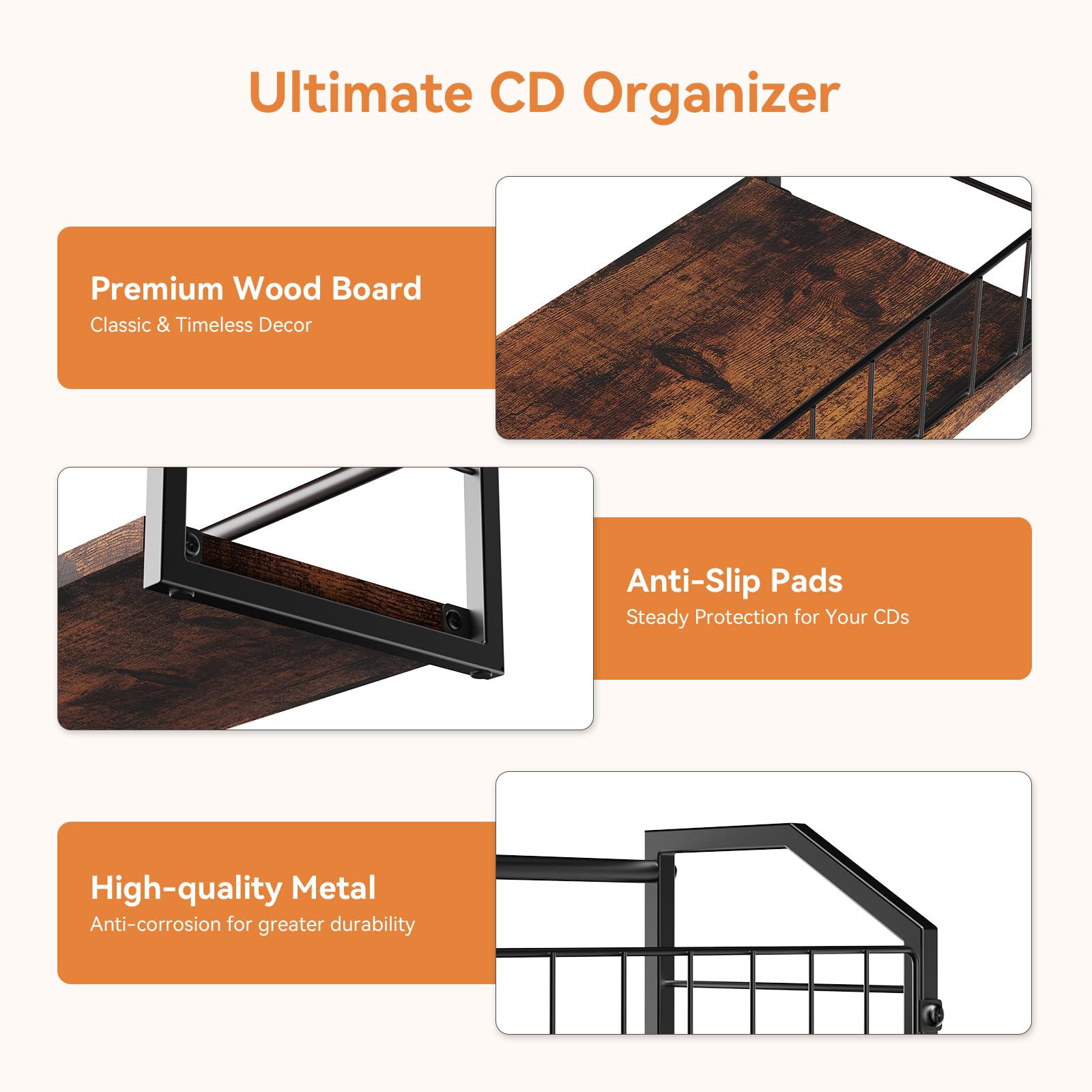 TJ.MOREE Porta dischi in vinile a 3 ripiani, stile industriale, retrò, in acciaio al carbonio/legno, organizer salvaspazio da scrivania
