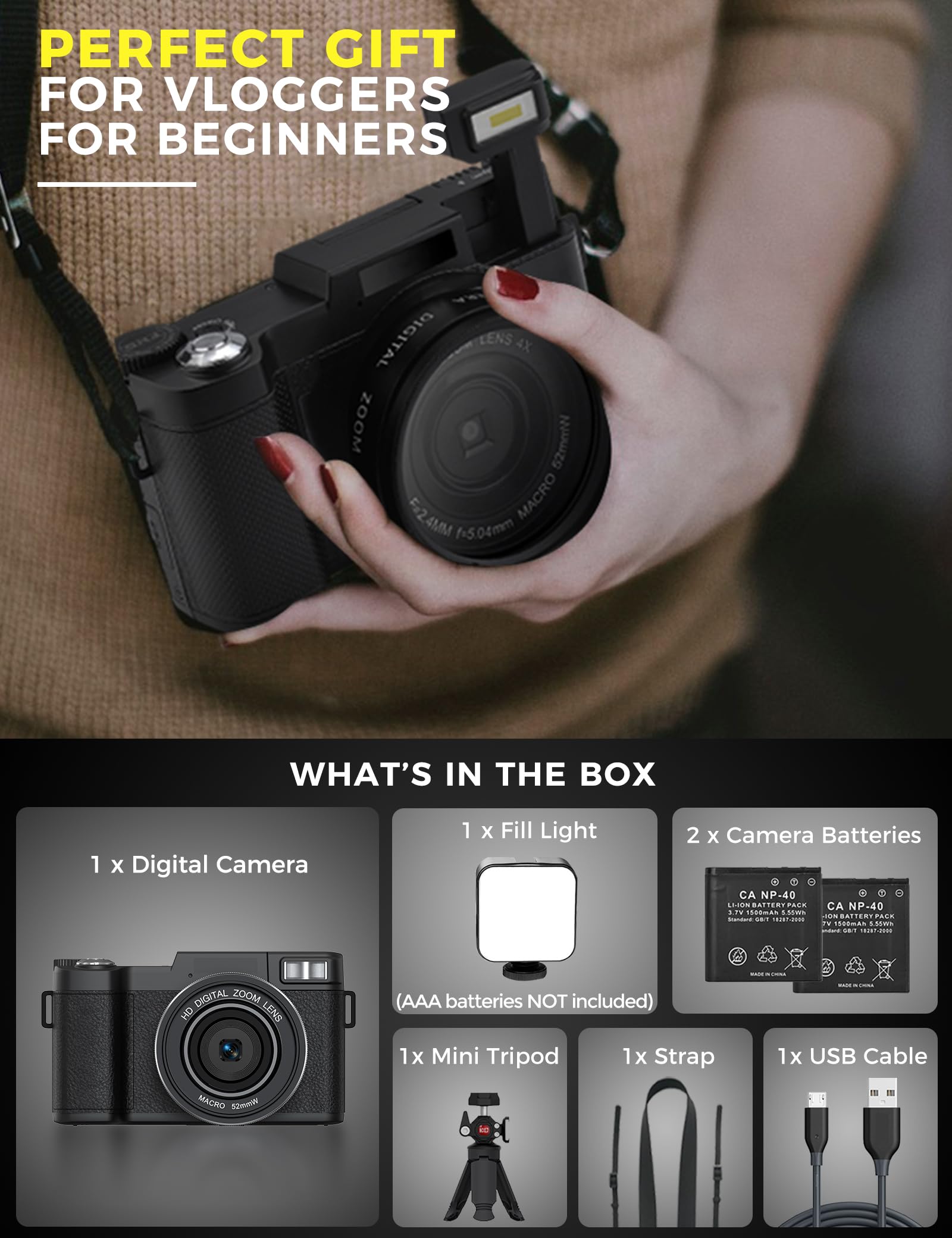 Fotocamera digitale 5K con WiFi 64MP Autofocus Full HD Vlogging Camera per YouTube Point and Shoot Camera con Flip Screen Fotografia Fotografia Fotocamere per Principianti con Luce Selfie, Mini