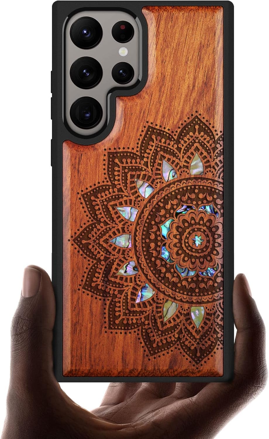 Carveit Designer Wooden Case for Samsung Galaxy S24 Ultra Case [Wood Engraving & Shell Inlay] Compatible with Wireless Chargers S24 Ultra Cover (Mandala Art-Rosy)