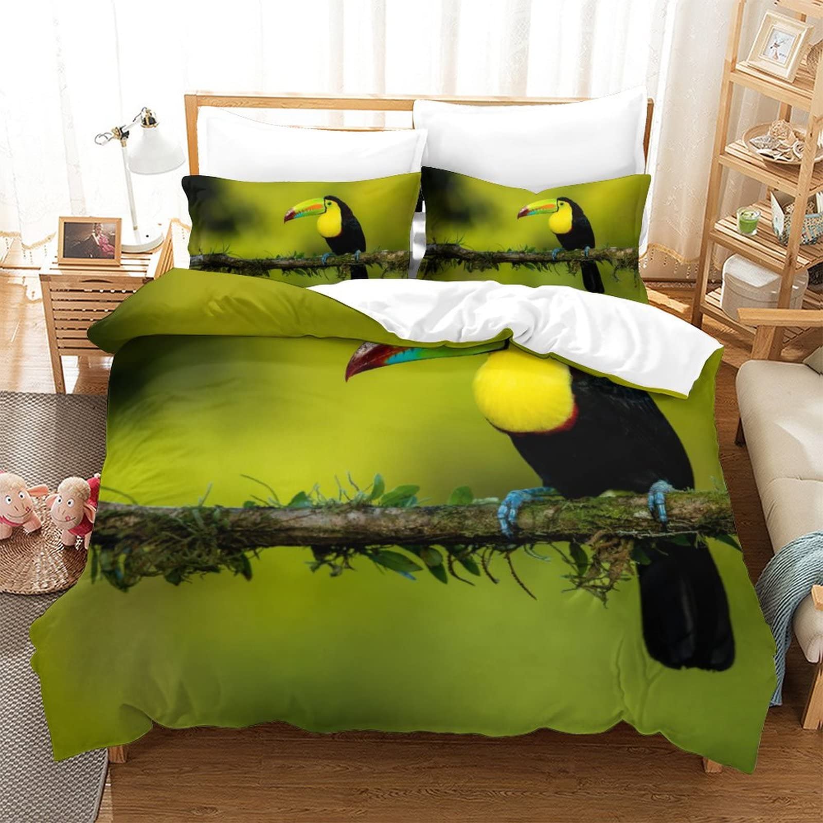 Housse de couette double 200x200cm toucan avec taies d'oreiller imprimées 3D microfibre