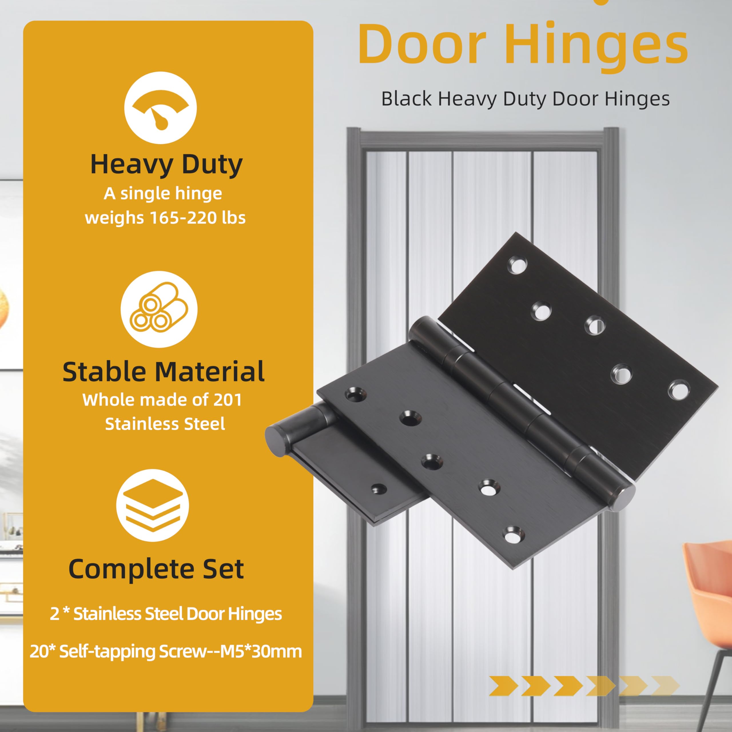Bisagras de puerta resistentes de 5 x 5 pulgadas, bisagras de puerta de hasta 220 libras, bisagras negras de acero inoxidable 201, rodamiento de bolas, esquinas cuadradas de 3 mm de grosor con 20