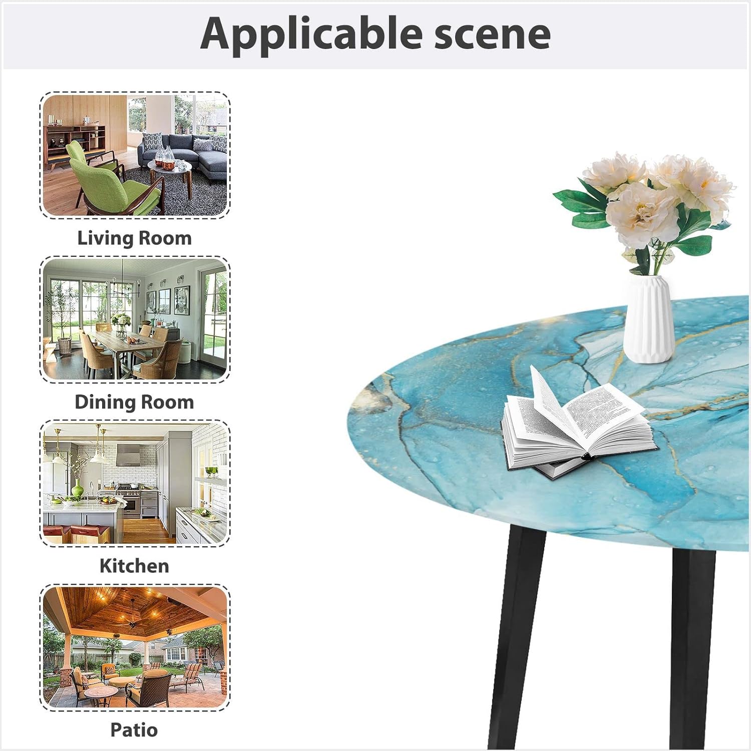 ALAZA Fitted Round Tablecloth with Elastic Edge Wipe Clean Teal Turquoise Marble Table Cloth for Outdoor/Indoor Use,Fits Round Tables 48"-56" Diameter,Large