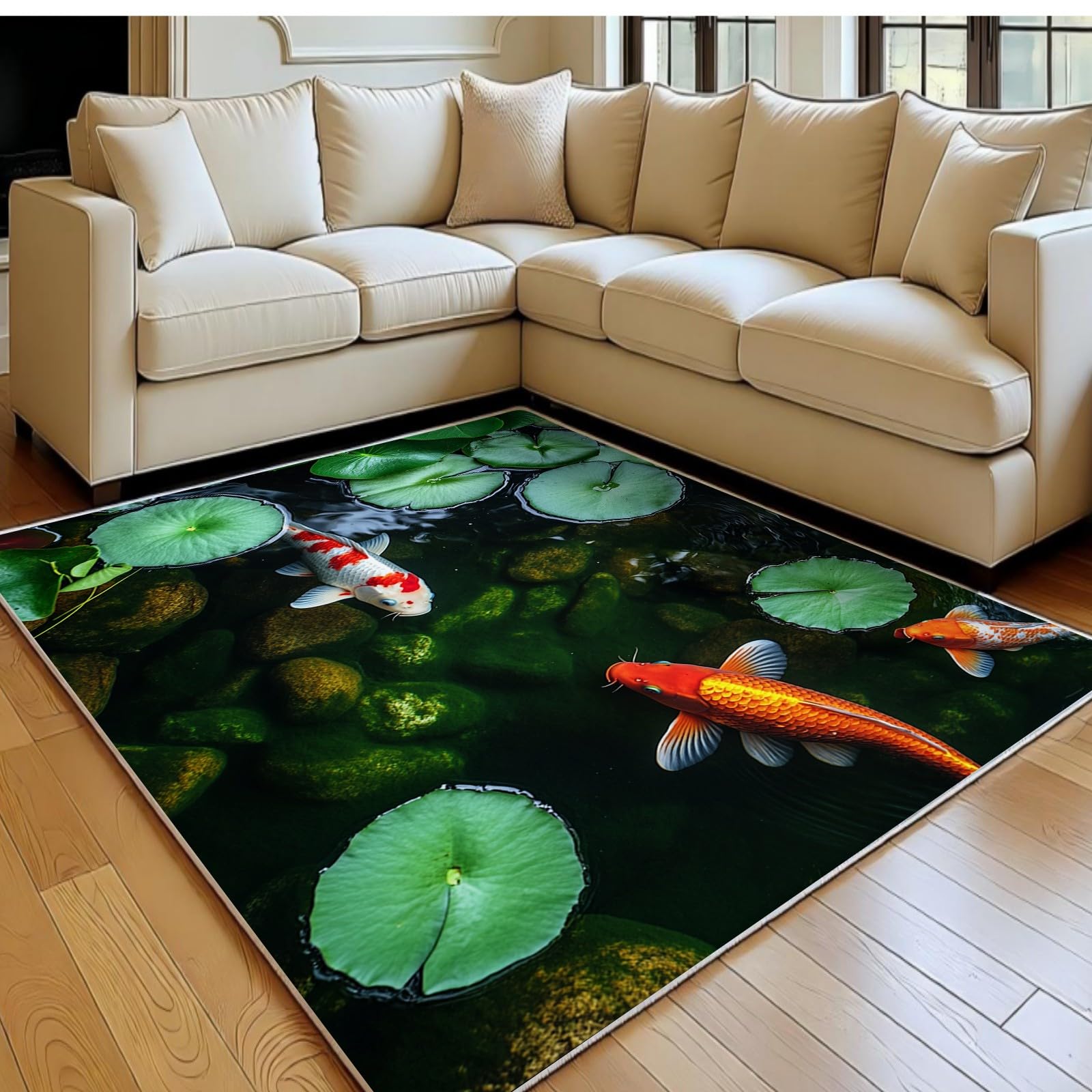 Tapis doux carpes koï vert lavable en machine et ultra moelleux