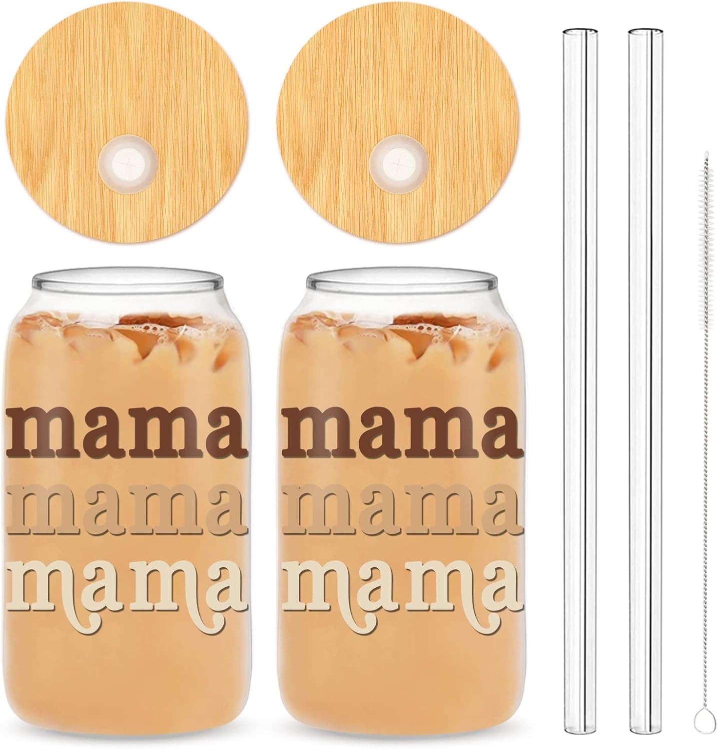 Whaline Gifts for Mother from Daughter Boho Mama Drinking Glasses with Bamboo Lids and Straw 2Pcs Mothers Day Gift Ice Coffee Cup for Cocktails Whiskey Beer Soda Mother Gift