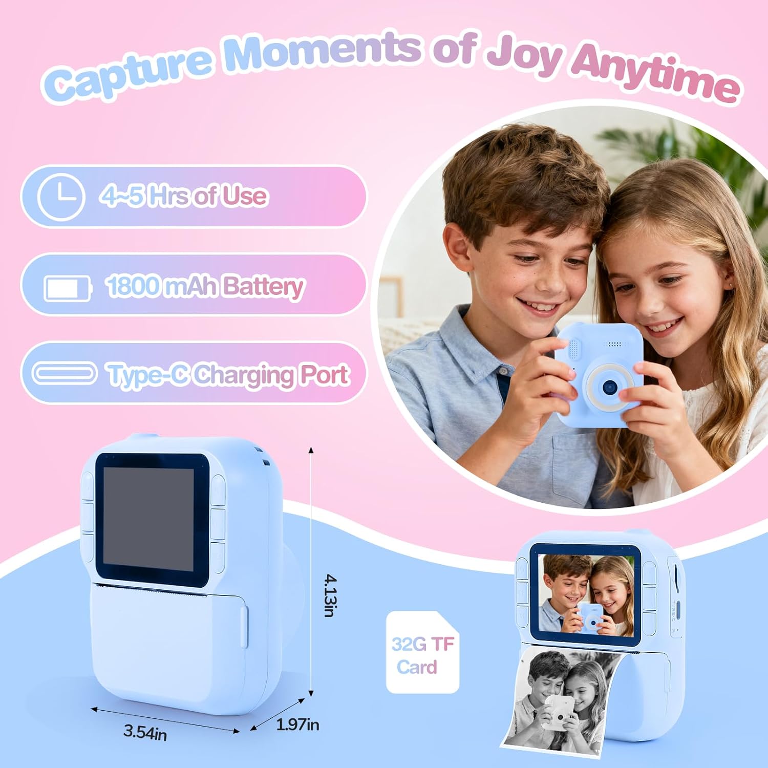 Kids Camera Instant Print with Color & Black-White Printing, 1080P HD Digital Selfie Camera for Children, 32GB, 2.4" Screen, 16X Zoom, Games, MP3 for Boys Girls Ages 3-12 (Blue)