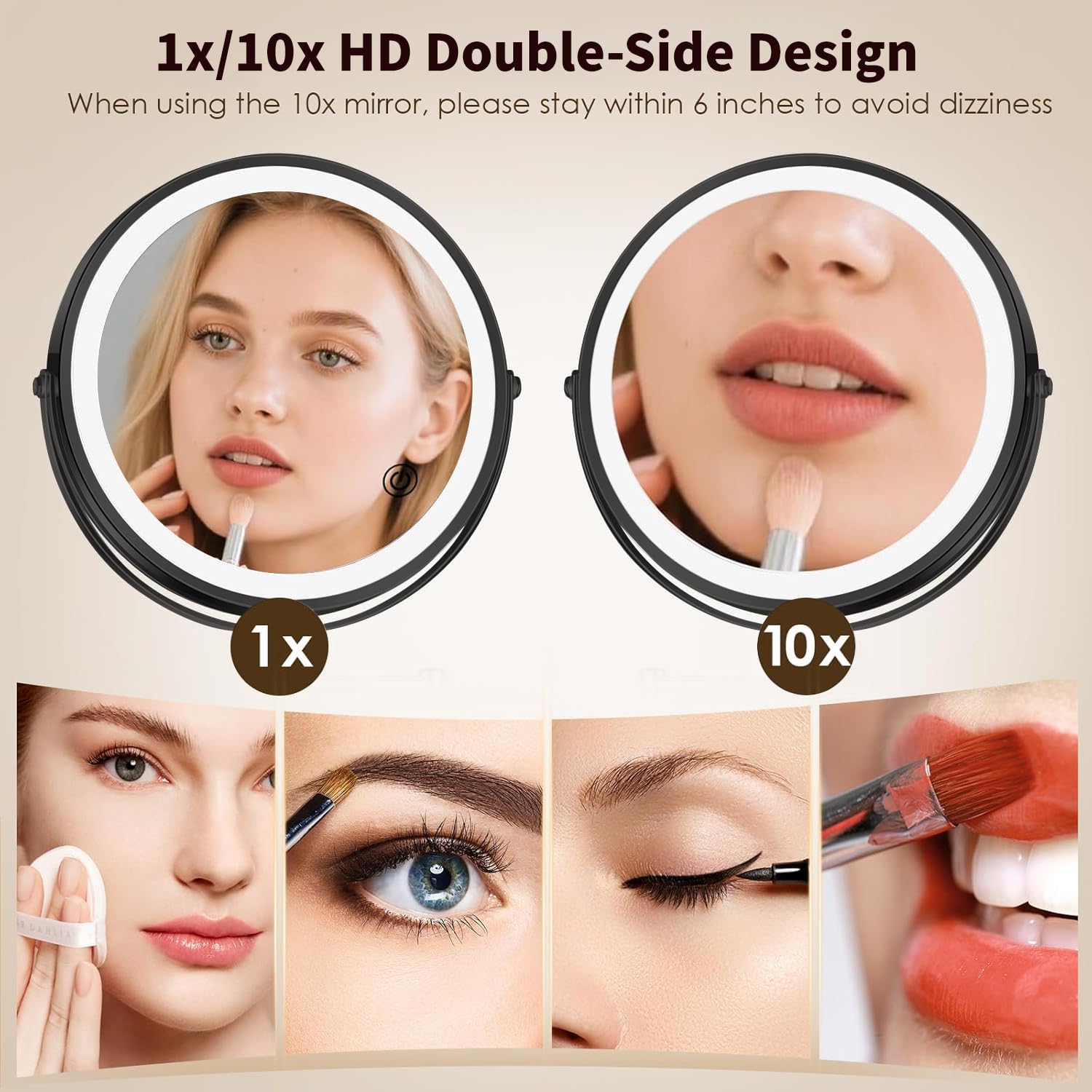 Specchio da trucco illuminato da parete da 21,6 cm, 3000 mAh ricaricabile a doppia faccia 1X 10X, illuminazione a 3 colori, oscuramento touch screen, braccio esteso con rotazione a 360 gradi