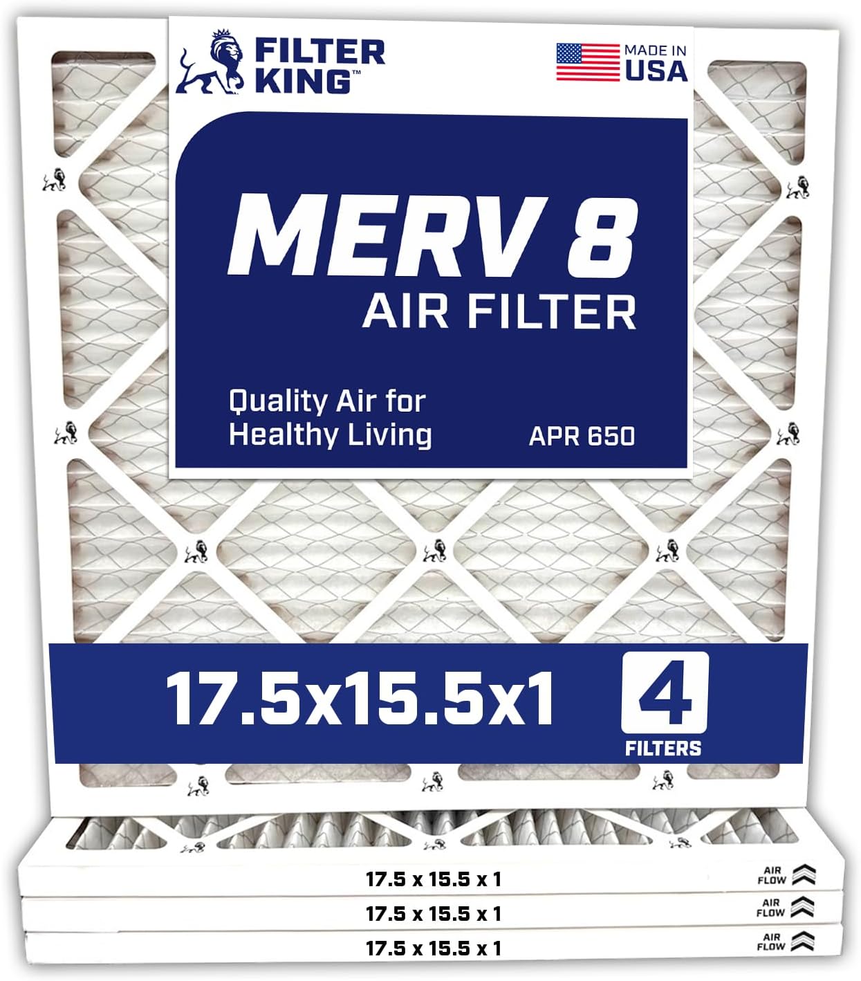 Filter King 17.5x15.5x1 Air Filter | 4-PACK | MERV 8 HVAC Pleated A/C Furnace Filters | MADE IN USA | Actual Size: 17.5 x 15.5 x .75"