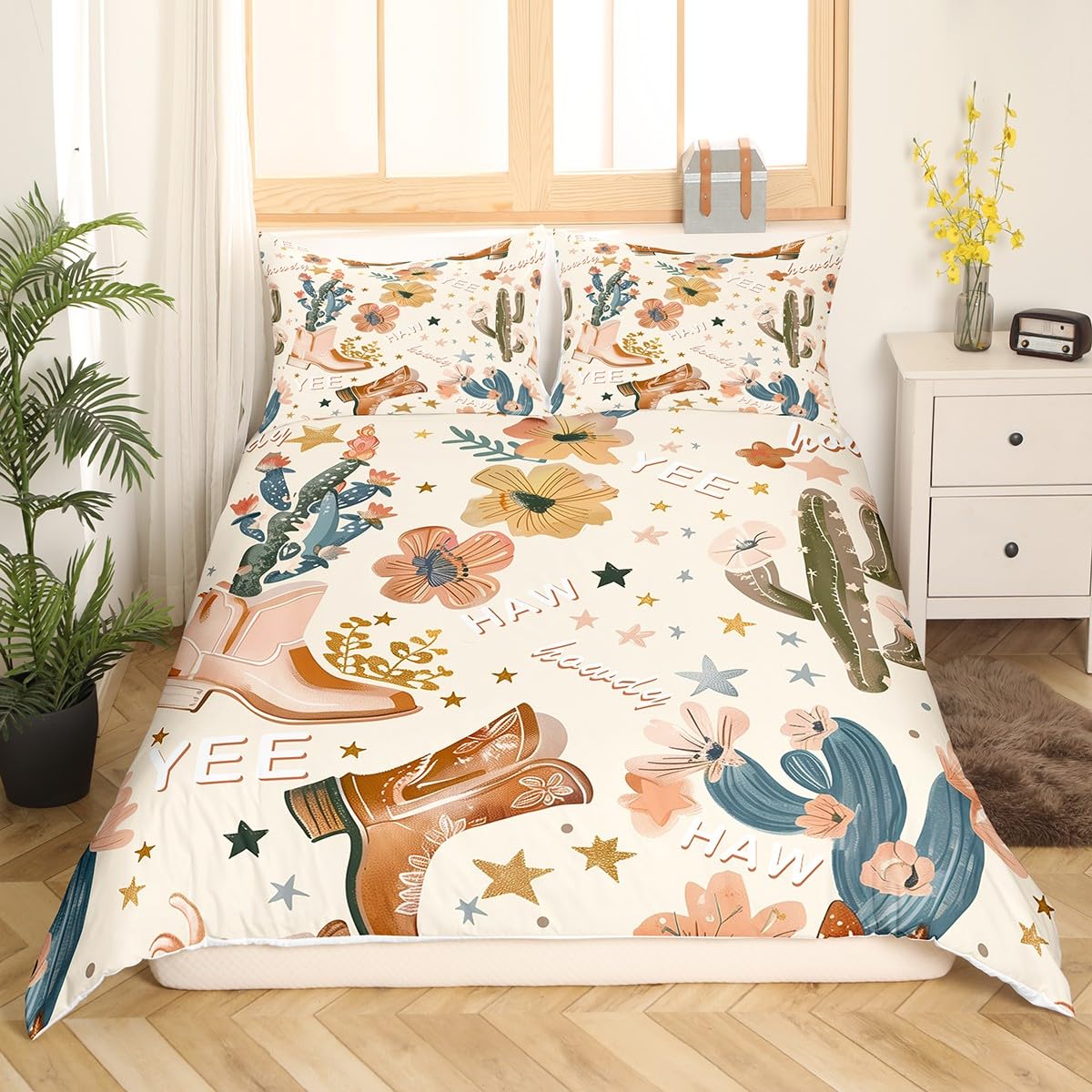 feelingyou Cowboy Duvet Cover Double Size,Cowboy Boots Comforter Cover for Kids Teens Adults Bedroom Decor,Wild West Cactus Flower Cowgirl Bedding Set 2 Pillowcases,No Comforter - Image 3
