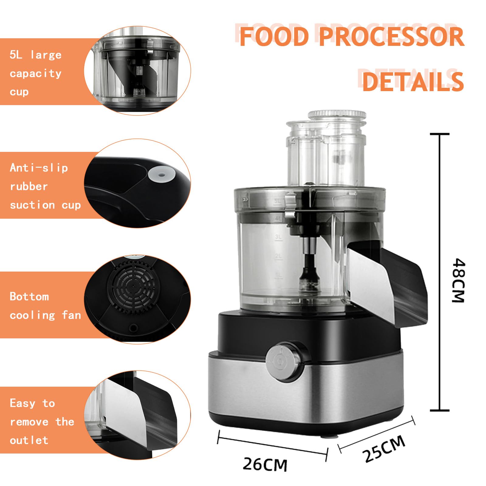 Picadora eléctrica de alimentos con cuenco de acero inoxidable y múltiples cuchillas para rebanar, cortar y triturar eficientemente en la preparación a granel