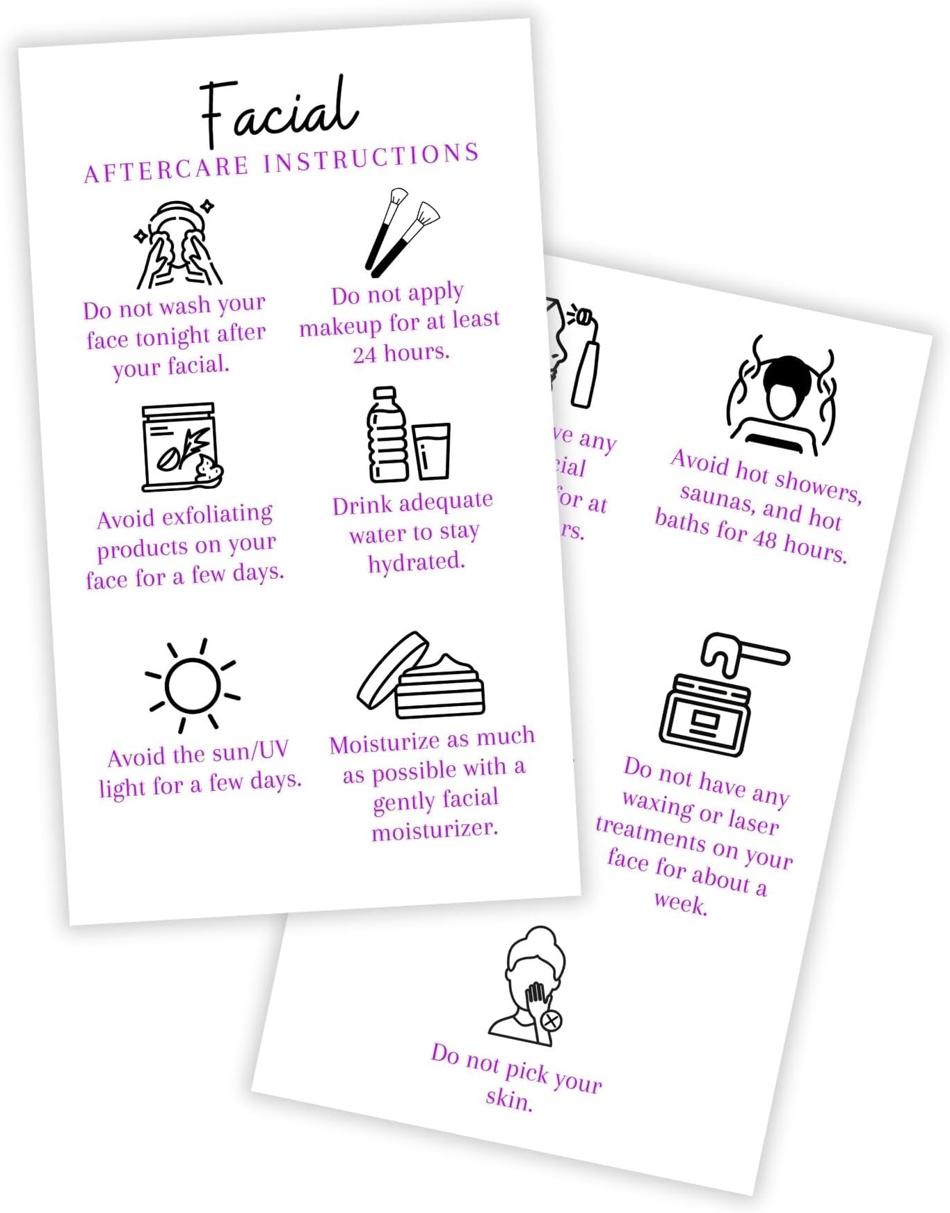 Boutique Marketing LLC Facial Aftercare Cards | 50 Pack | Size 2 x 3.5” inches Business Card Size | Esthetician | Aftercare Instructions White with Purple Text Design, black, white, purple