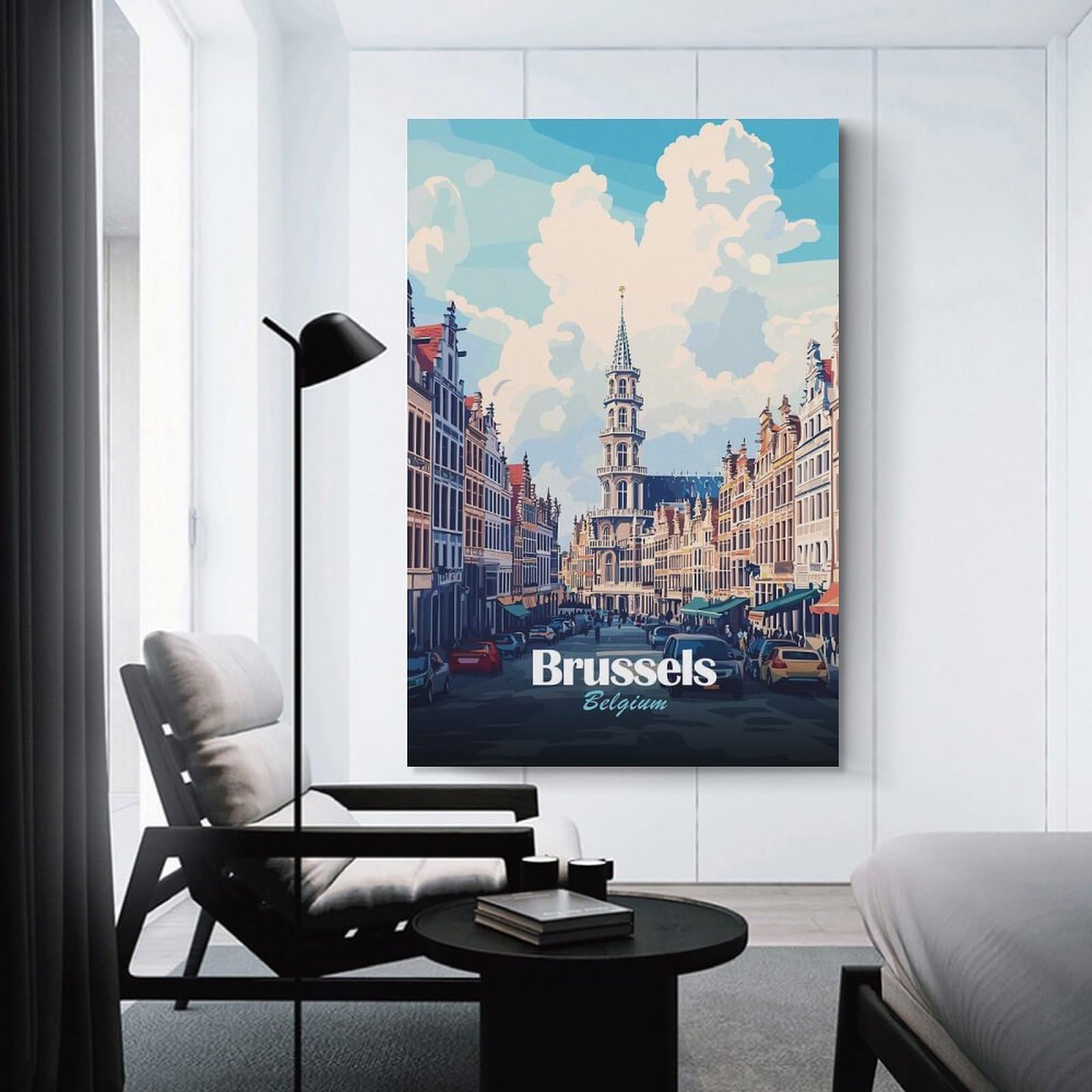 Junmoney Brussels, Belgium Cityscape Illustration(2) Canvas Wall Picture, 20x30inch(50x75cm), for Entrance Spaces, Stair Walls Or Halls, A Stylish Accent for Home Entrances