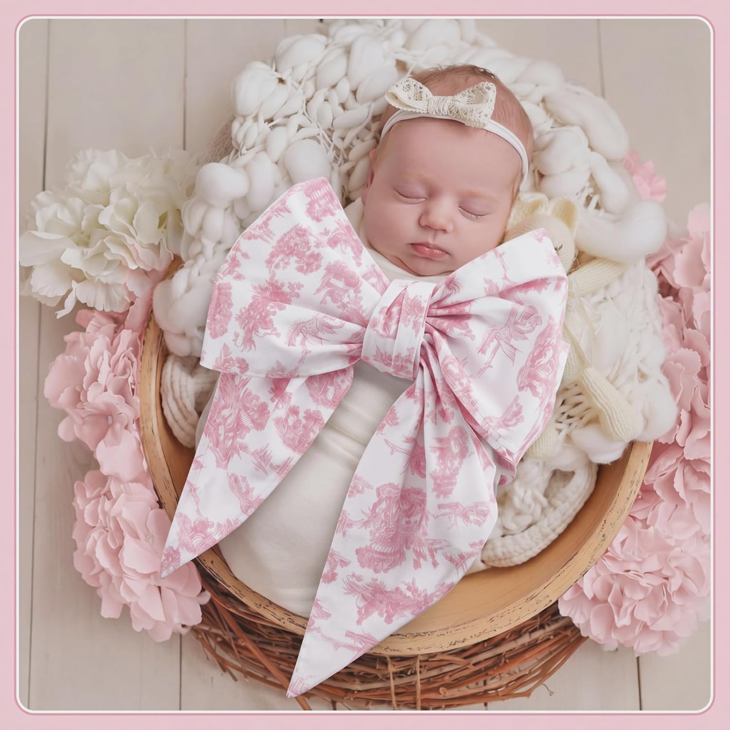 Pink Newborn Swaddle Bowknot Toile De Jouy Sash Soft Cotton Decorative Bowknot Strap for Baby Swaddles Adorable Maternity Photography Photo Prop Sash, 70 x 5.5 Inch