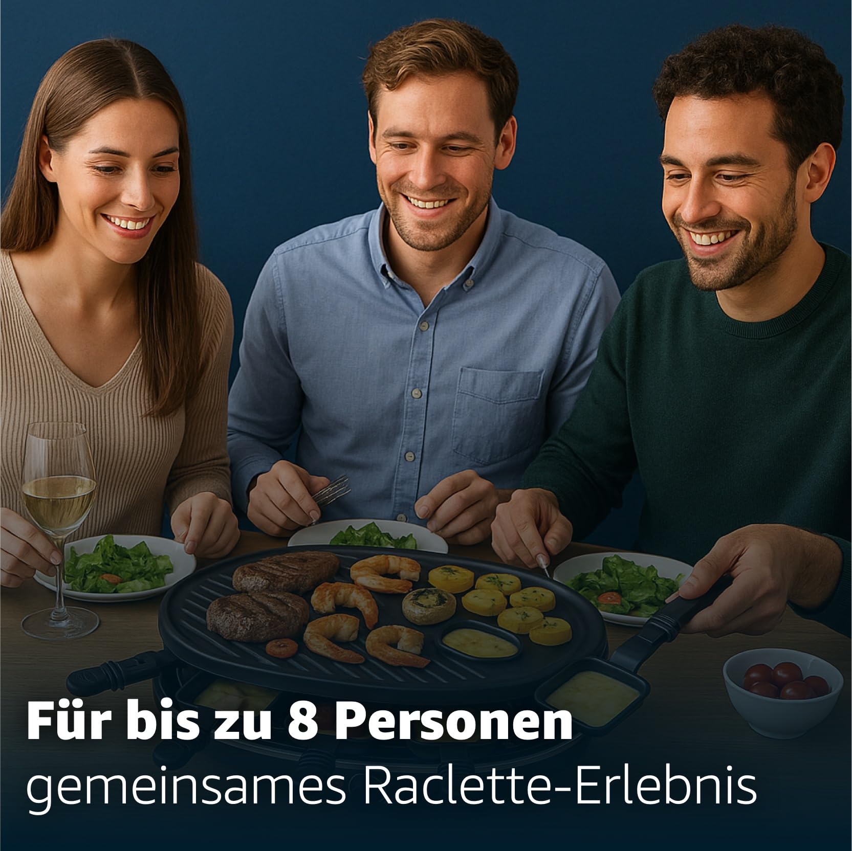 Raclette zestaw dla 8 osób – z grillem stołowym, płytą grillową i funkcją kamiennej płyty – w zestawie patelnia i skrobak – narożny (Okrągły)