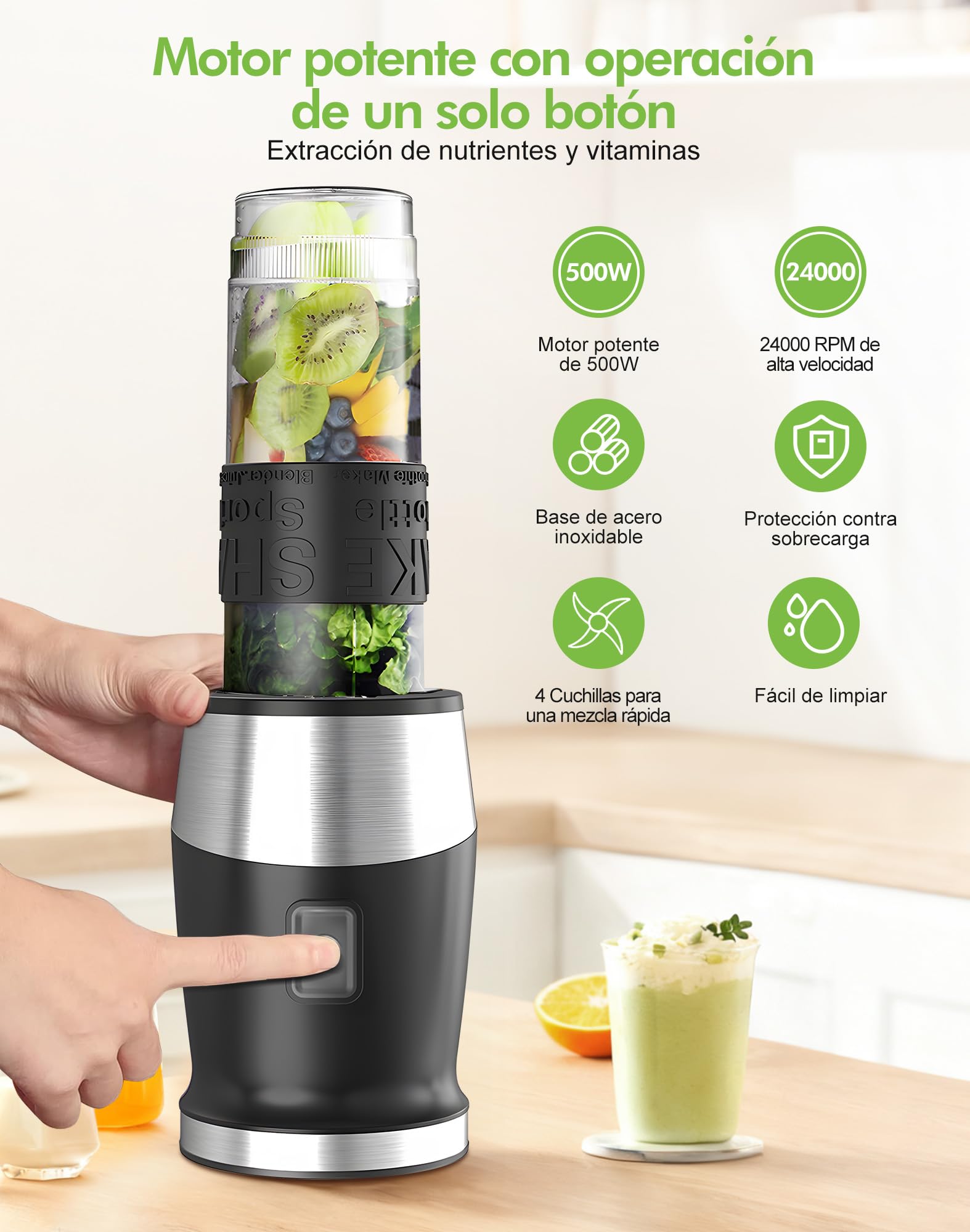 Batidora de Vaso, 500W Batidora Smoothies, Mini Batidora Portatil Batidora de Vaso Individual con 2 Botellas de 570 ml de Plástico Tritan, Licuadora para Zumos, Batidos, Verduras, Frutas