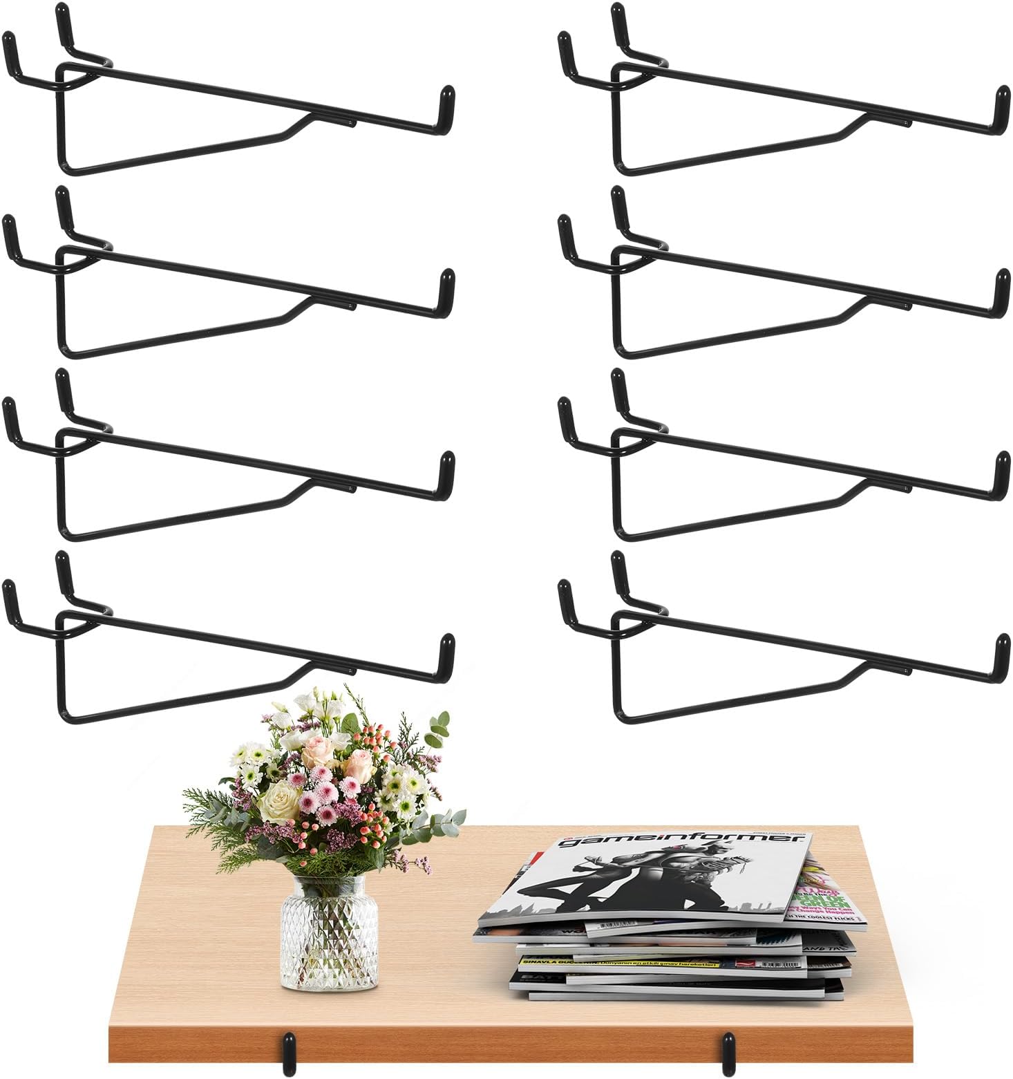 10 Pcs 8 Inch Pegboard Shelf Hooks, 1/4 Inch Black Metal Brackets for Storage Organizer in Garage, Workbench, Craft Room, Office
