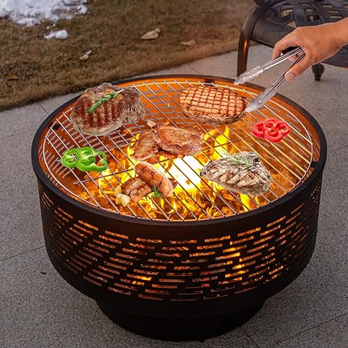 Miniatura 2 de OutVue Fogatas de leña de 26 pulgadas con parrilla y tapa, mesa para fogata para exteriores con cubierta impermeable y póquer para fuego, hoguera al