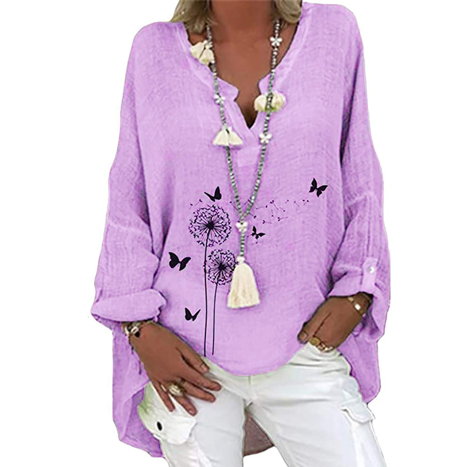 Women Long Sleeve Tunic Tops Crew Neck Dandelion Print Sweatshirt Pullover Oversized Blouse Cotton Linen T Shirts for Women UK Sale